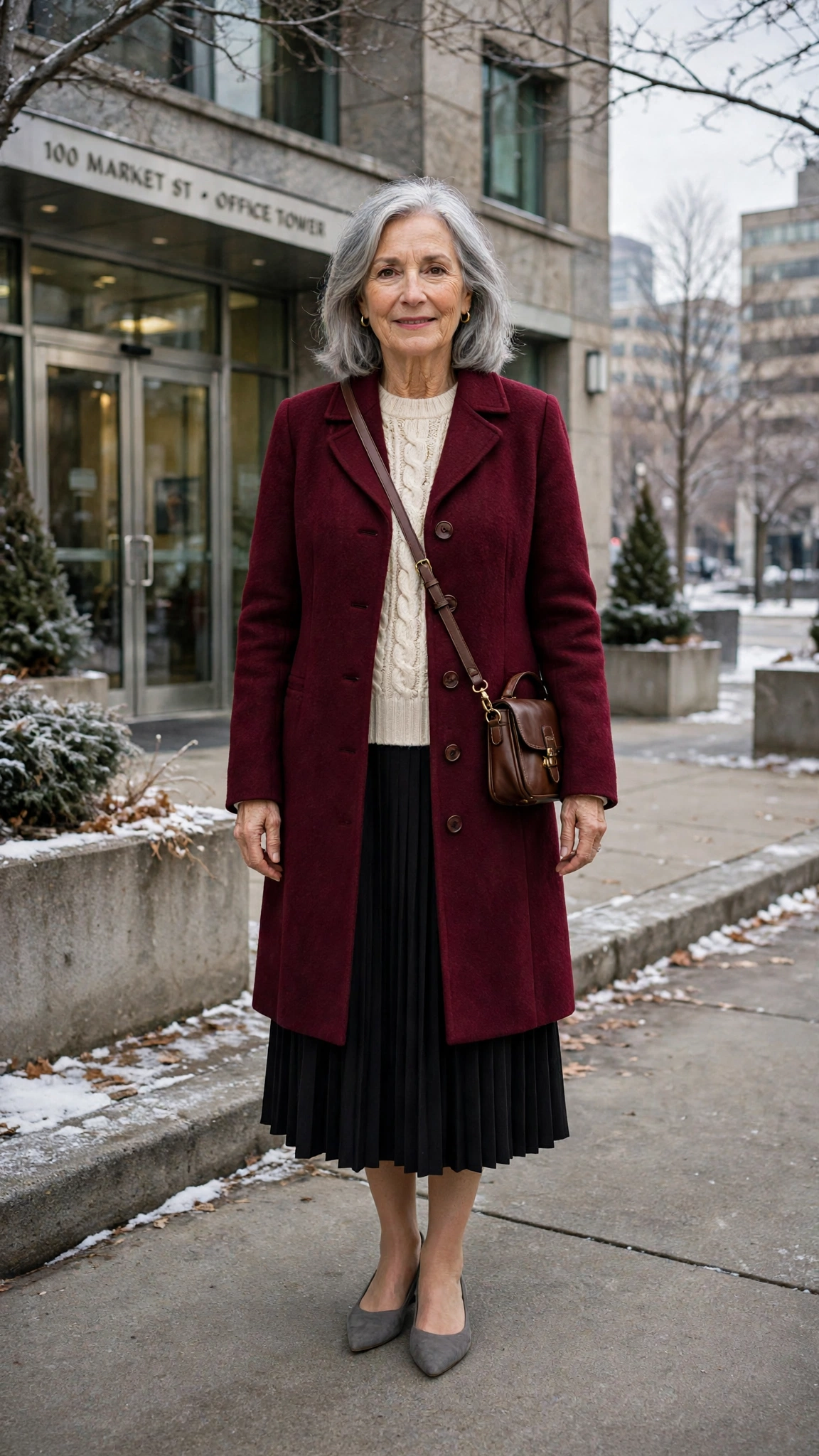 18 Women over 60 burgundy coat outfits for winter office days That Are Chic, Warm and Elegant - idea 1