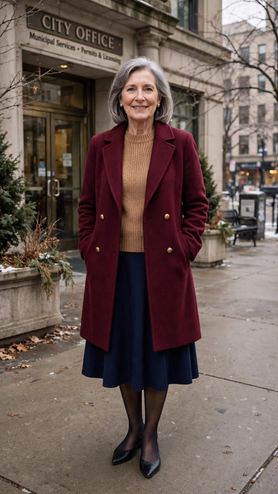 18 Women over 60 burgundy coat outfits for winter office days That Are Chic, Warm and Elegant - idea 3