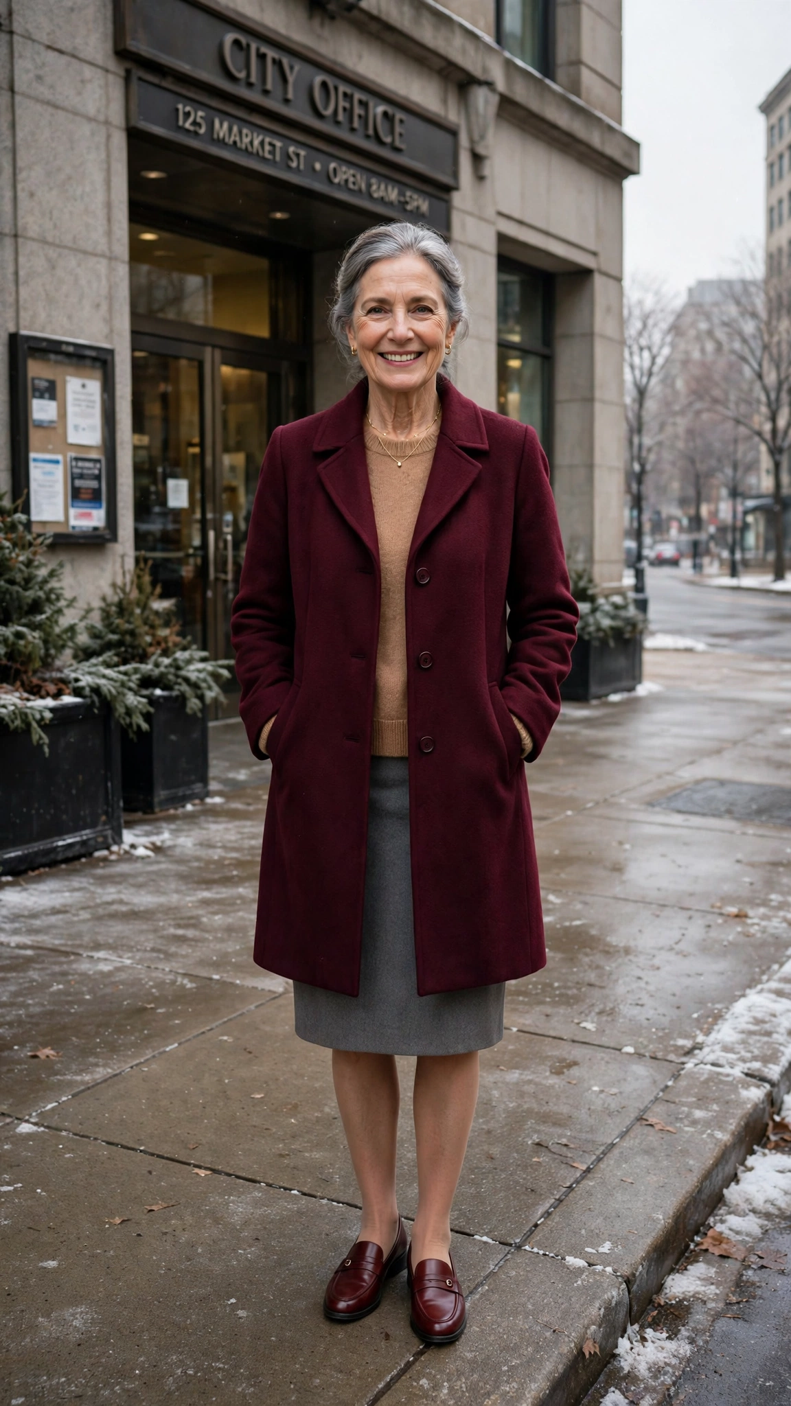 18 Women over 60 burgundy coat outfits for winter office days That Are Chic, Warm and Elegant - idea 15
