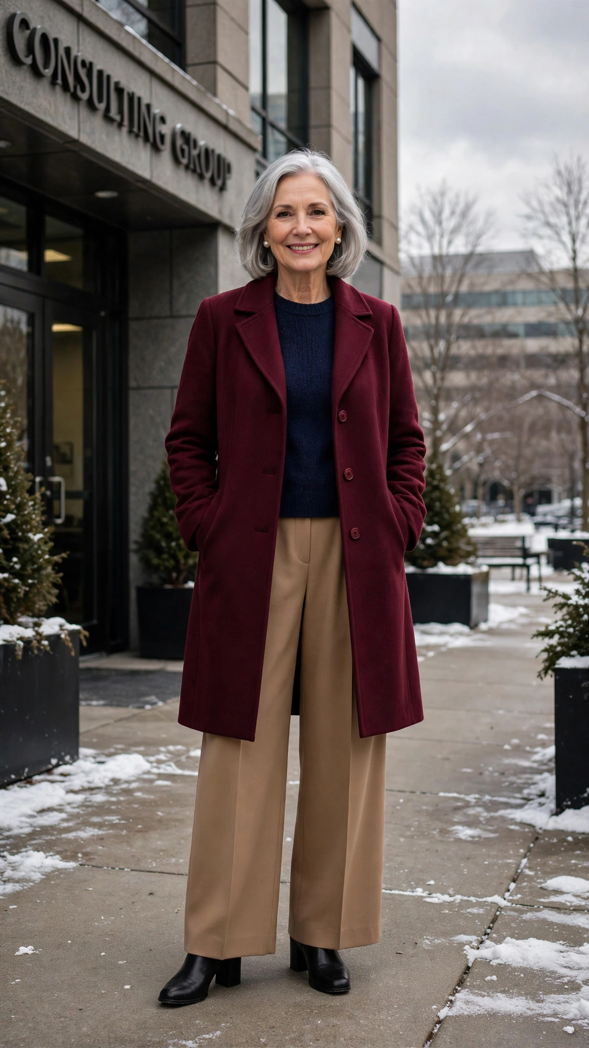 18 Women over 60 burgundy coat outfits for winter office days That Are Chic, Warm and Elegant - idea 18
