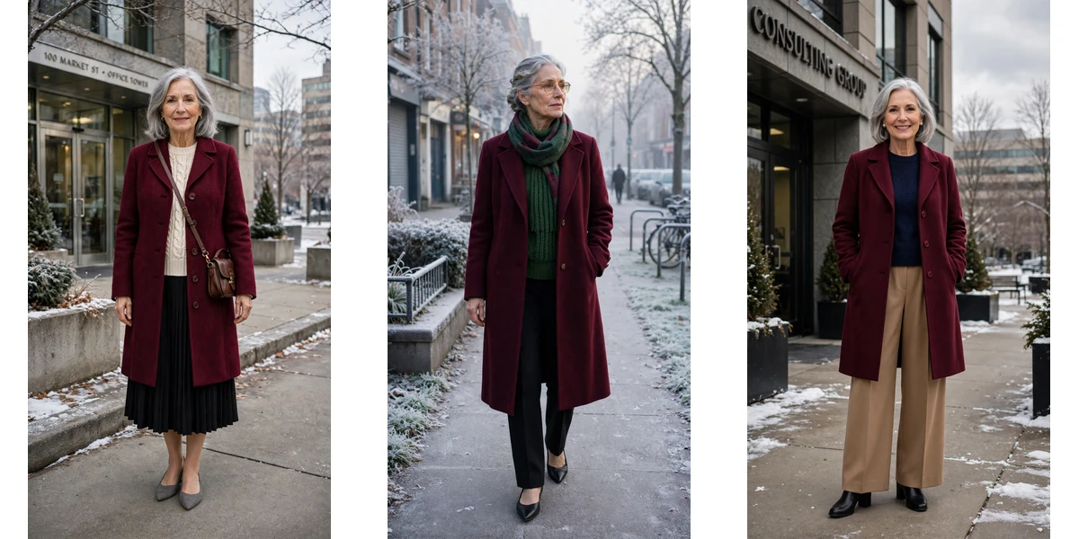 18 Women over 60 burgundy coat outfits for winter office days That Are Chic, Warm and Elegant featured