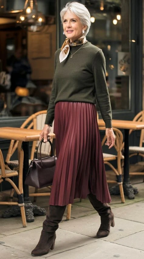 38 Women over 60 burgundy skirt and boots outfits for holiday outings That Are Chic, Warm and Elegant - idea 1