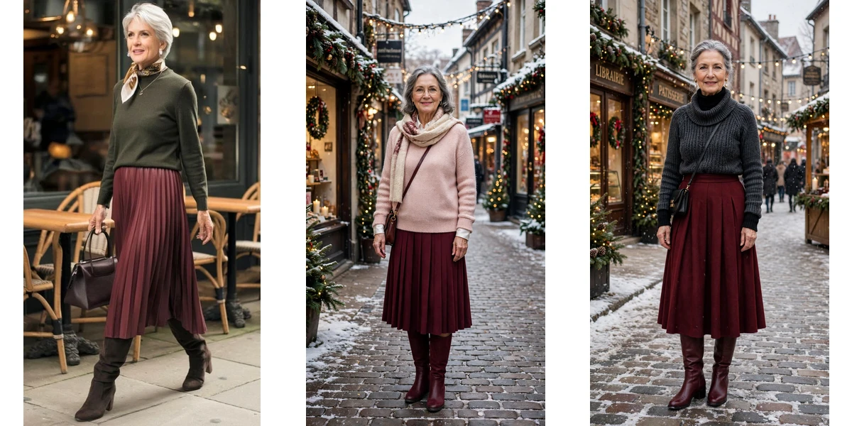 38 Women over 60 burgundy skirt and boots outfits for holiday outings That Are Chic, Warm and Elegant featured
