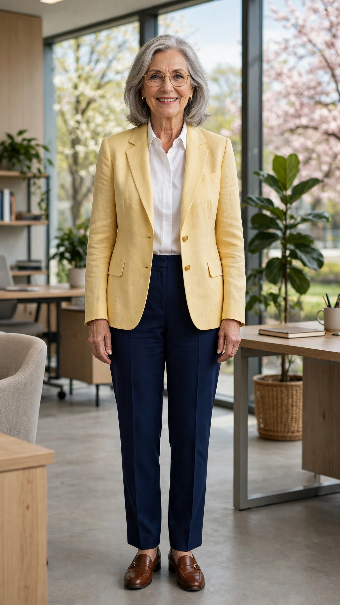 Butter yellow single-breasted blazer with navy trousers