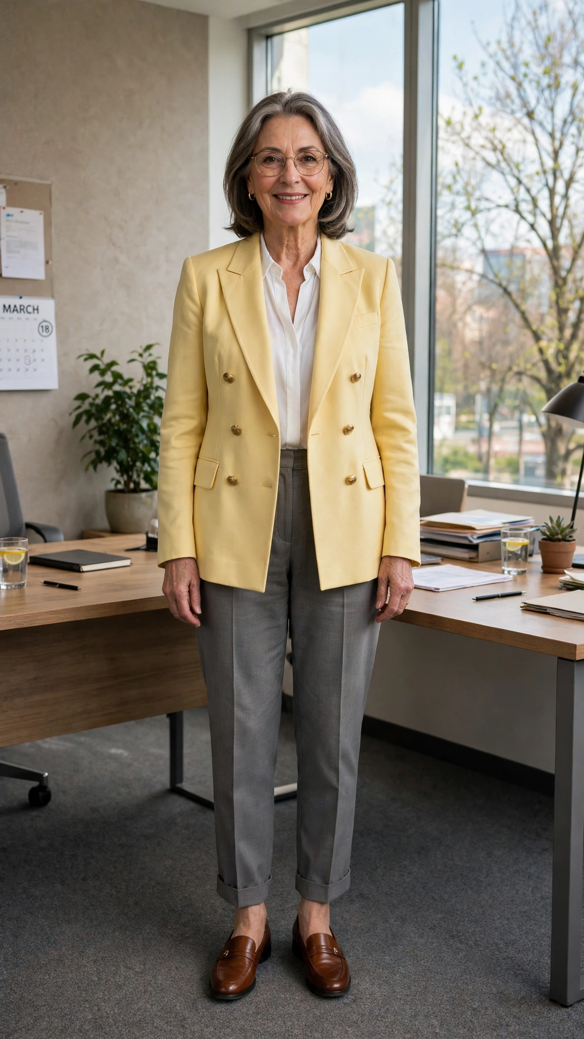 Butter yellow double-breasted blazer with grey trousers