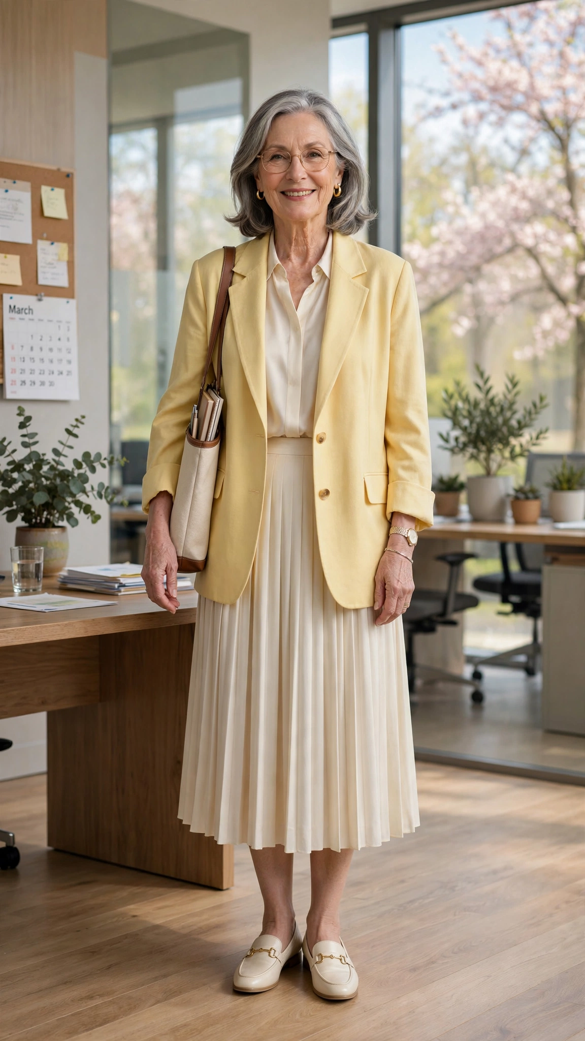 Butter yellow oversized blazer with a cream skirt