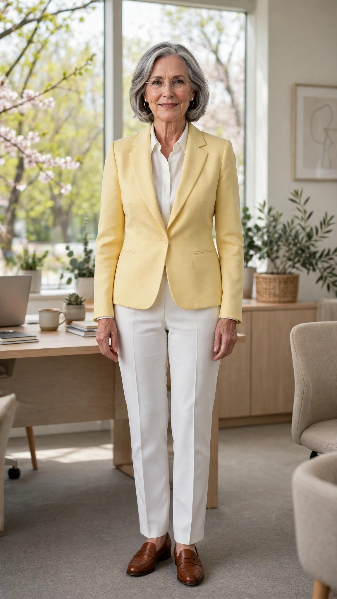 Butter yellow fitted blazer with white trousers