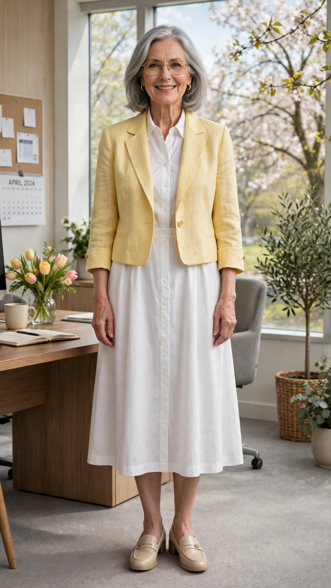 Butter yellow cropped blazer with a white dress