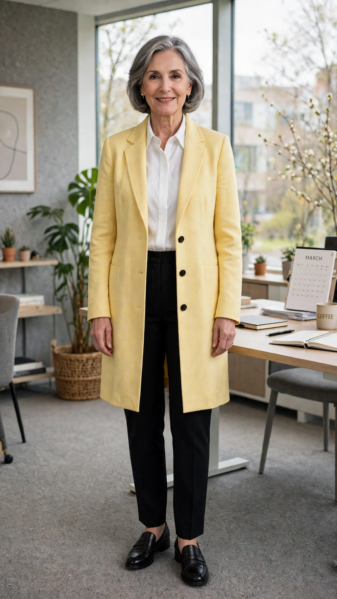 Butter yellow longline blazer with black trousers