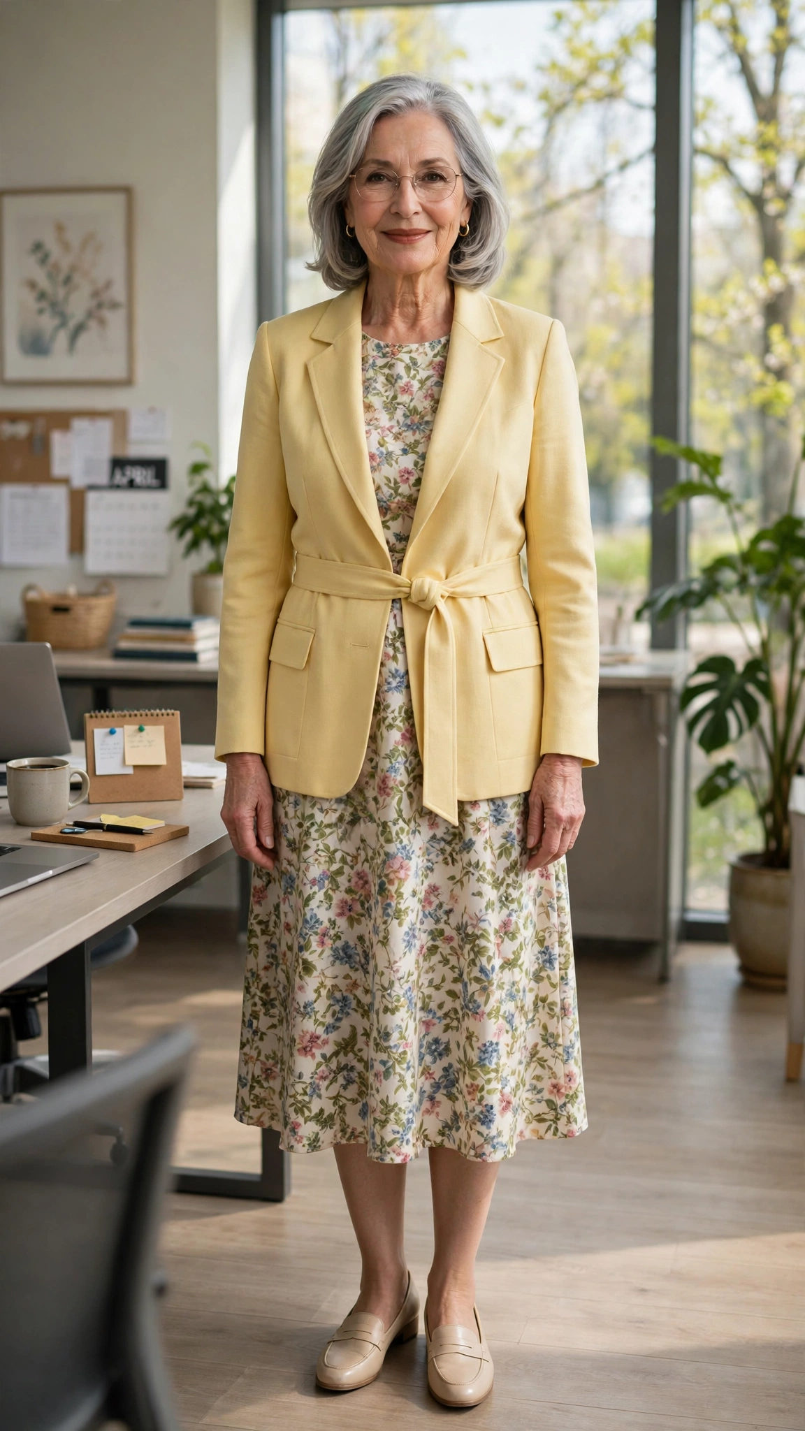Butter yellow belted blazer with a floral dress