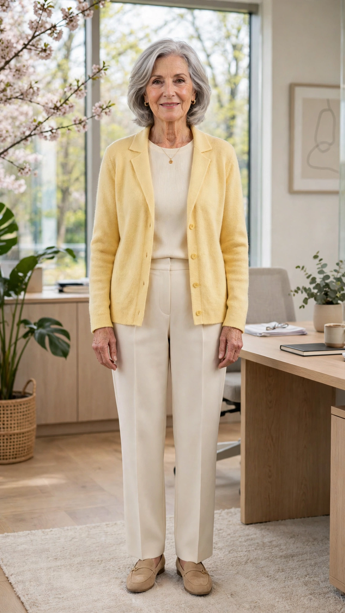 Butter yellow soft knit blazer with cream trousers
