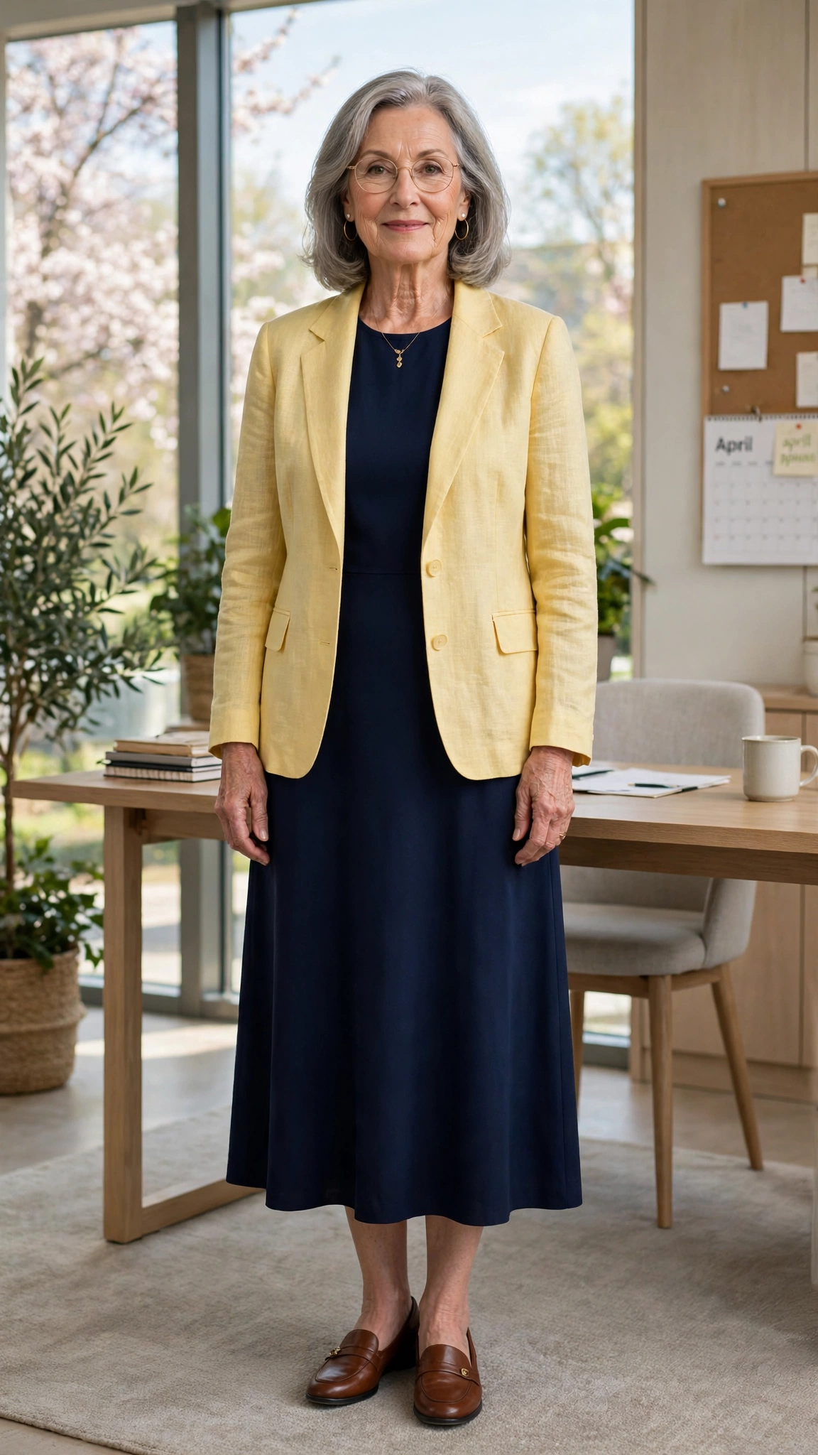 Butter yellow linen blazer with a navy midi dress