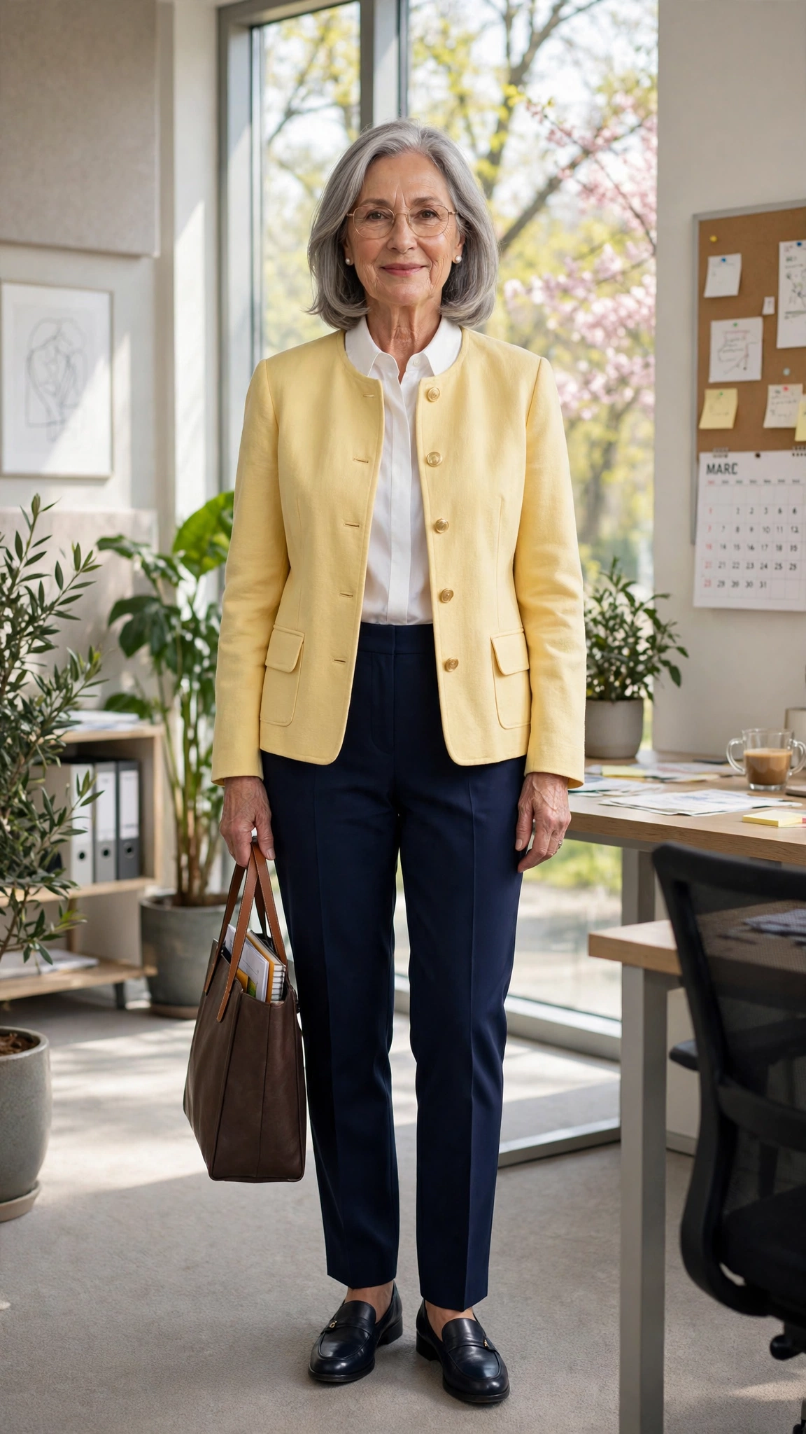 Butter yellow boxy blazer with navy trousers