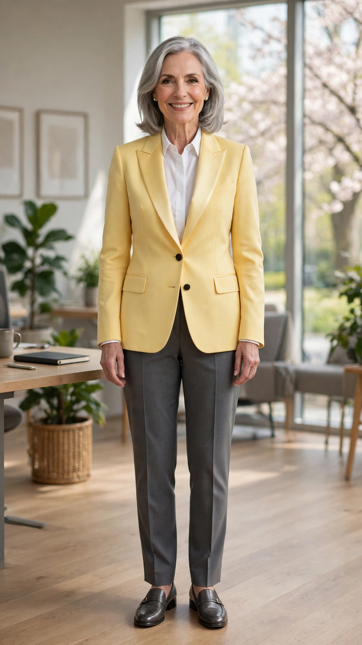 Butter yellow tuxedo-style blazer with grey trousers