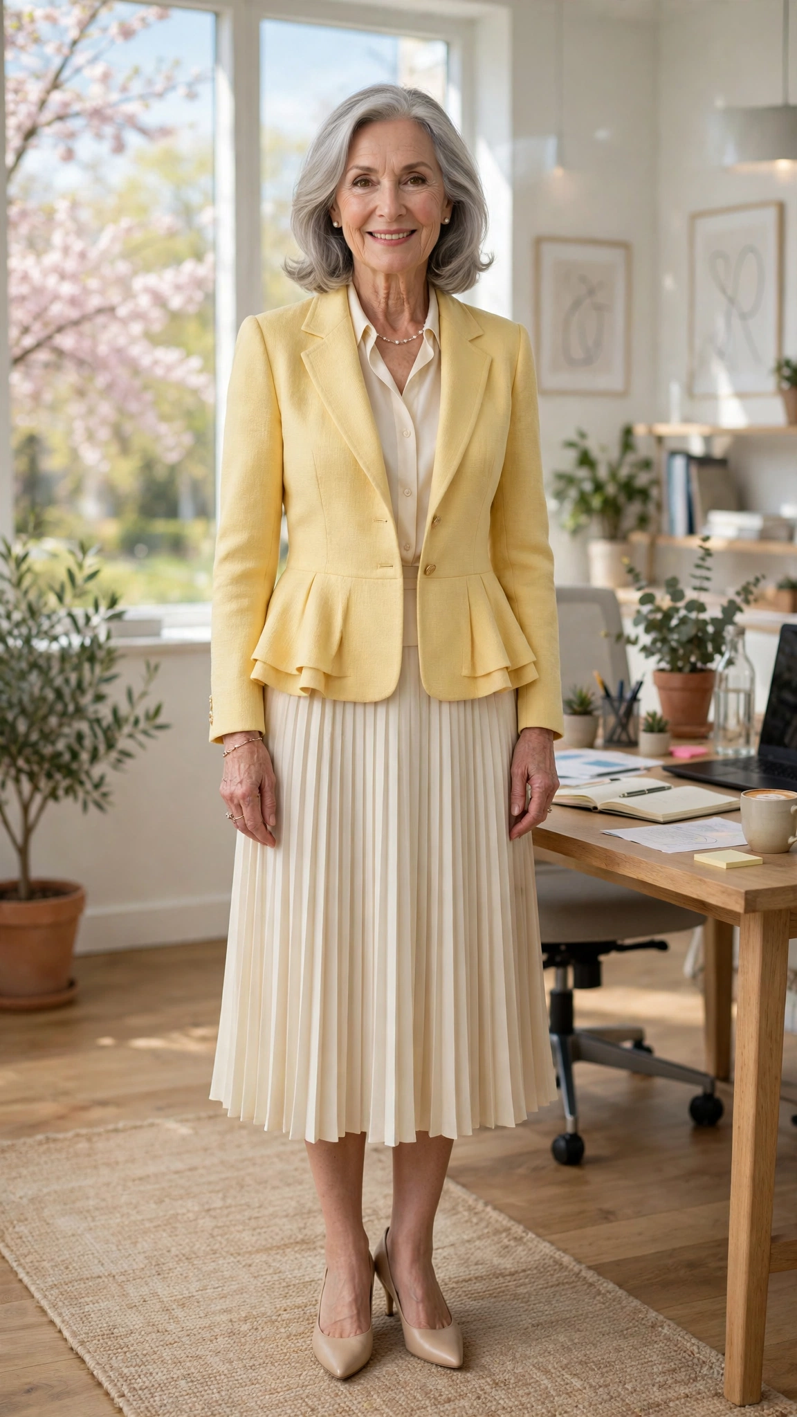 Butter yellow peplum blazer with a cream skirt