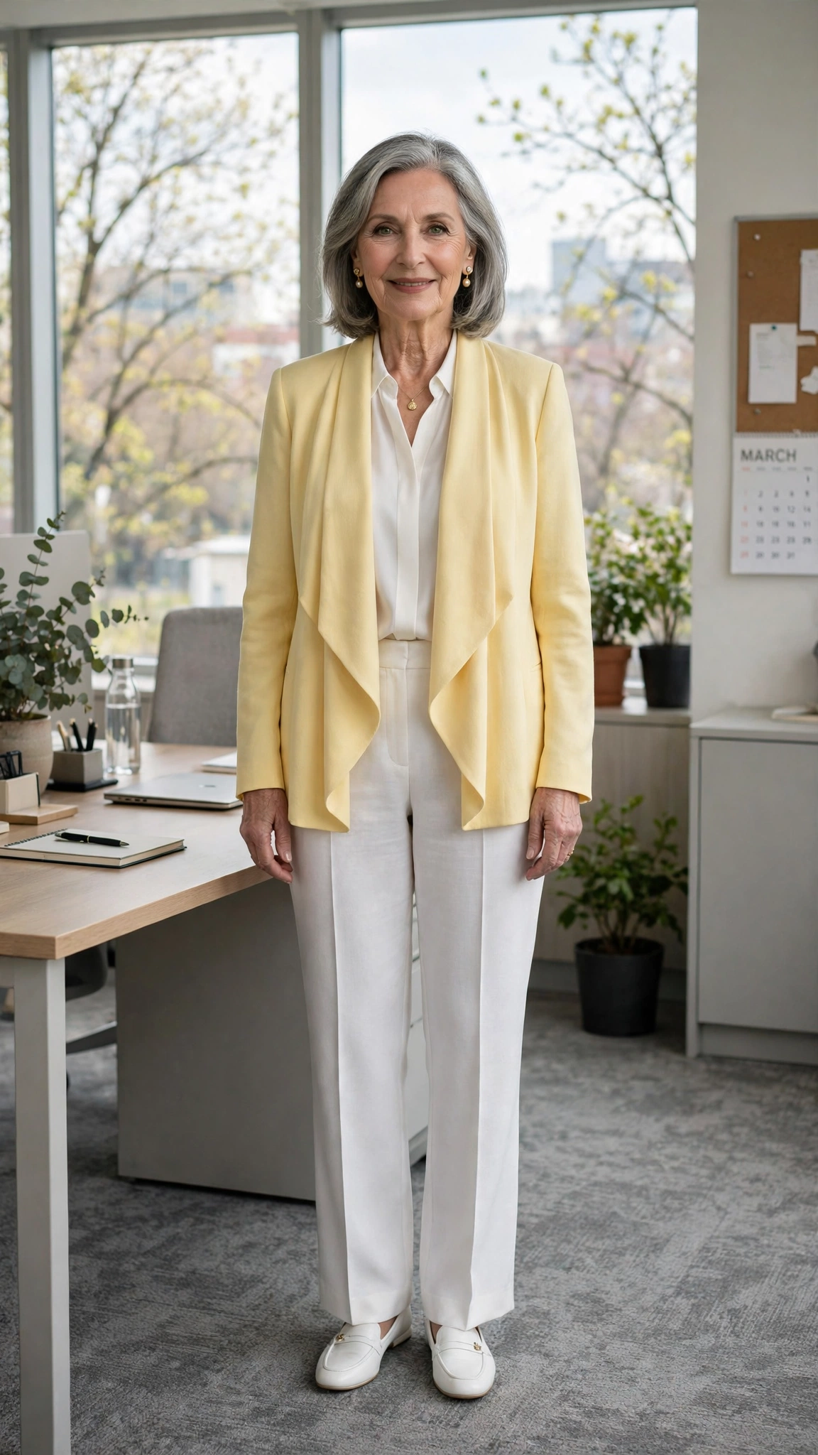 Butter yellow waterfall blazer with white trousers