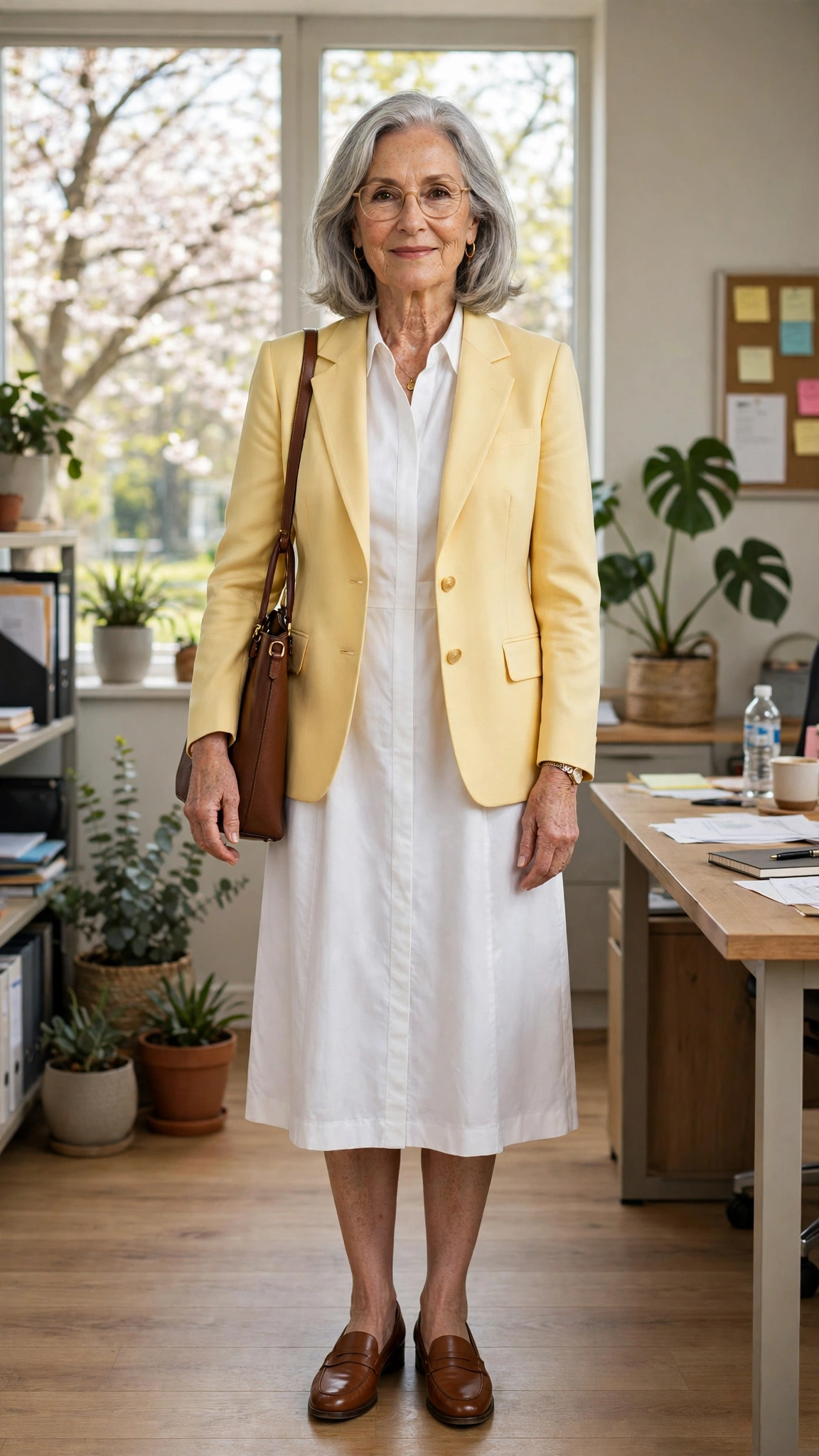 Butter yellow classic blazer with a white dress