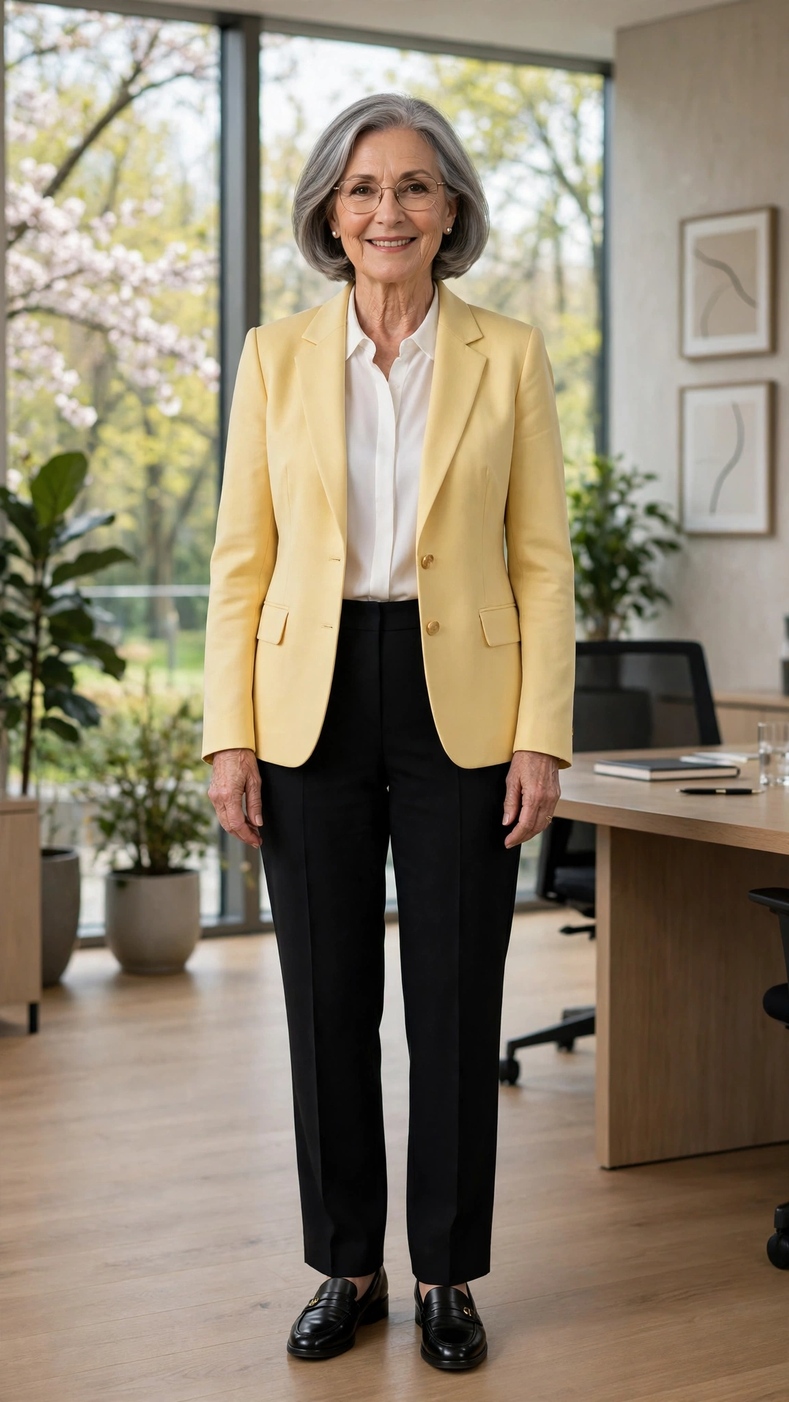 Butter yellow single-breasted blazer with black trousers