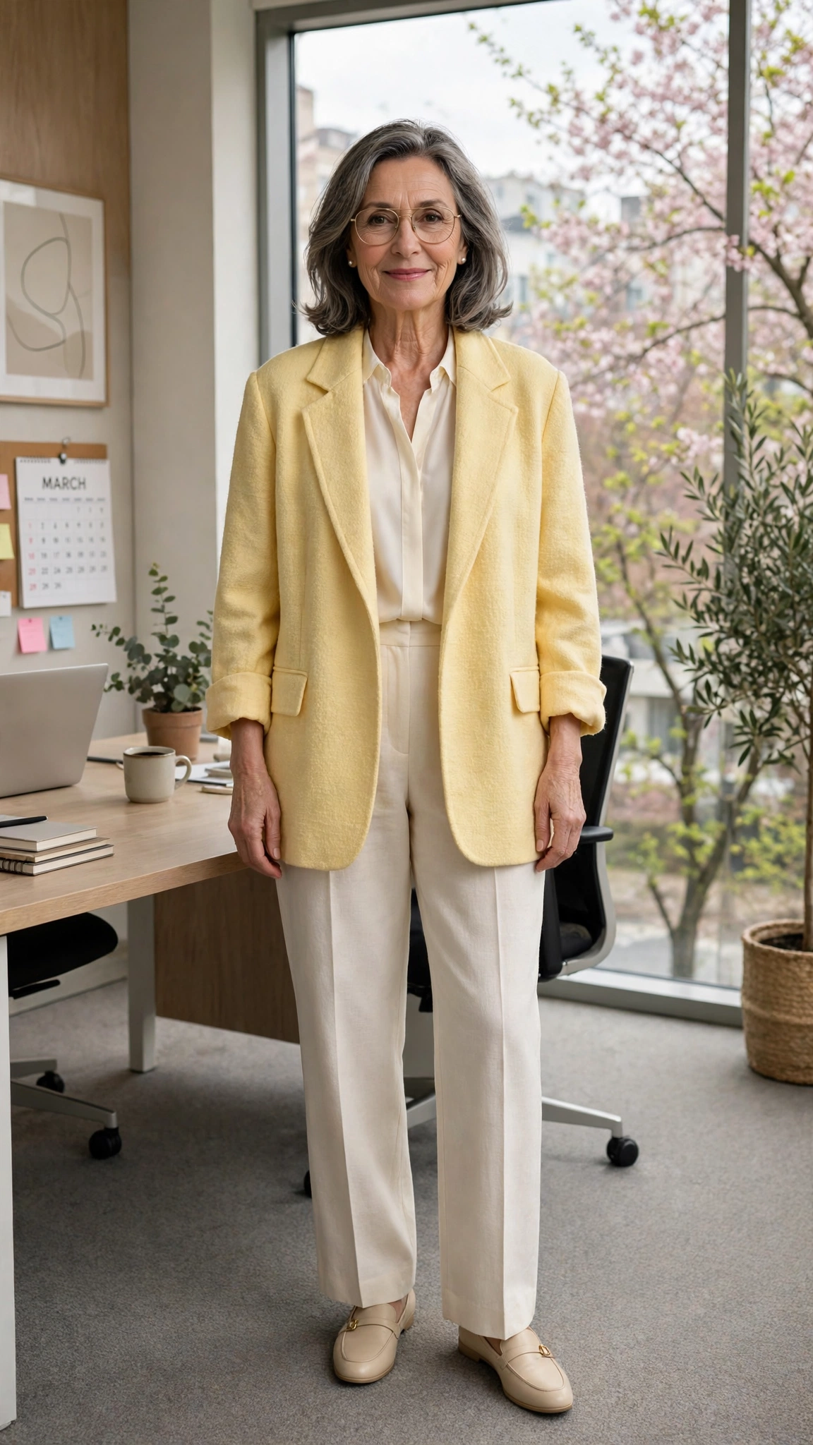 Butter yellow oversized blazer with cream trousers