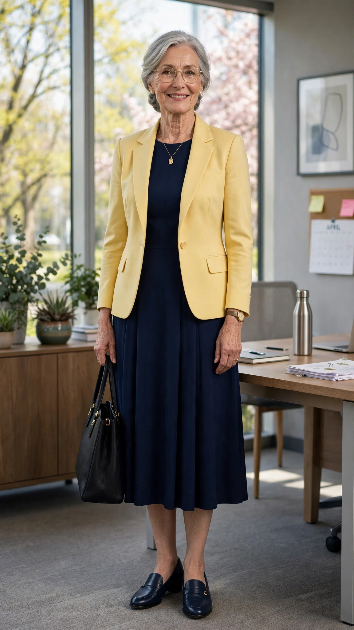 Butter yellow fitted blazer with a navy midi dress
