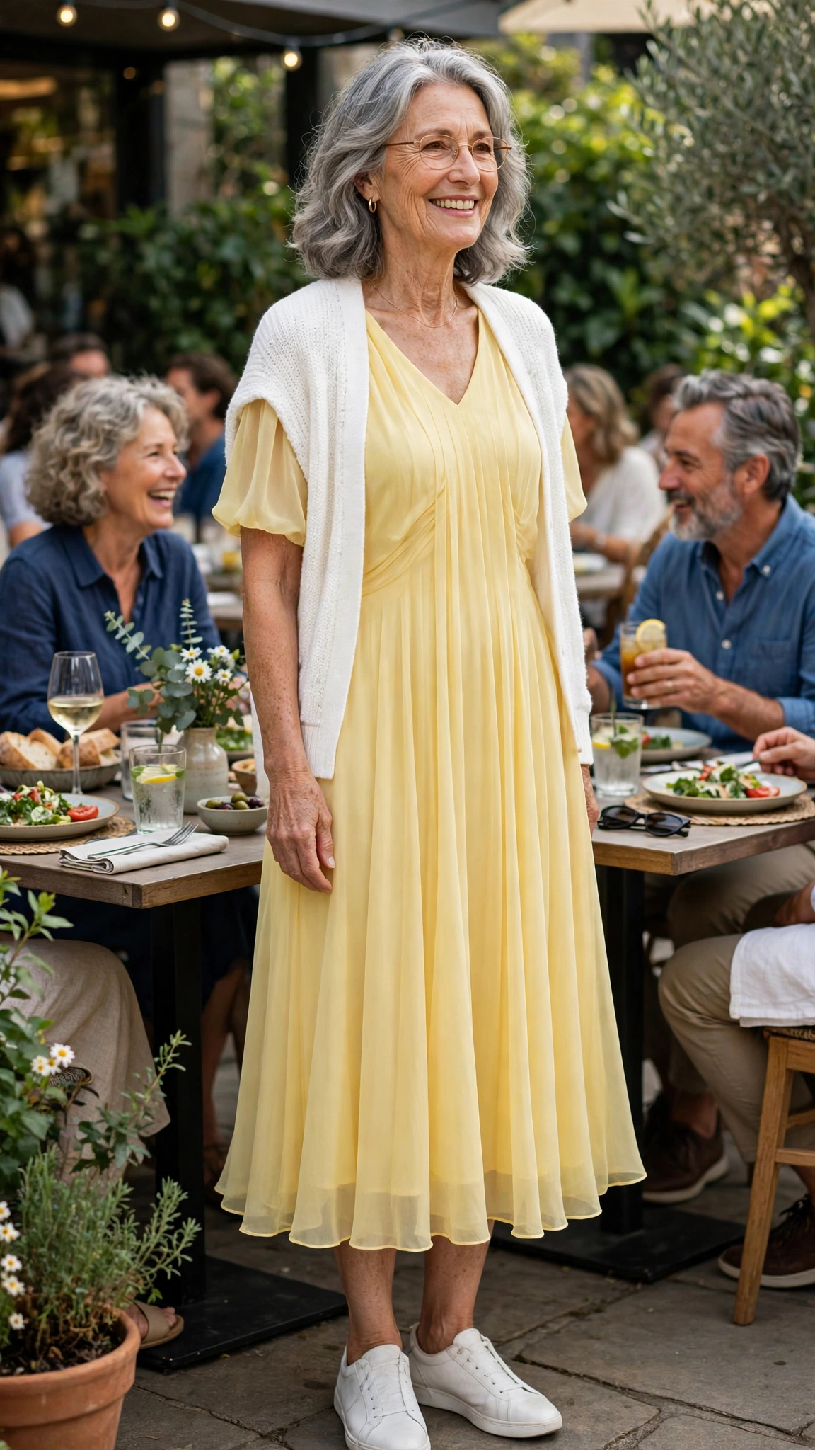 Butter yellow chiffon midi dress with a white cardigan
