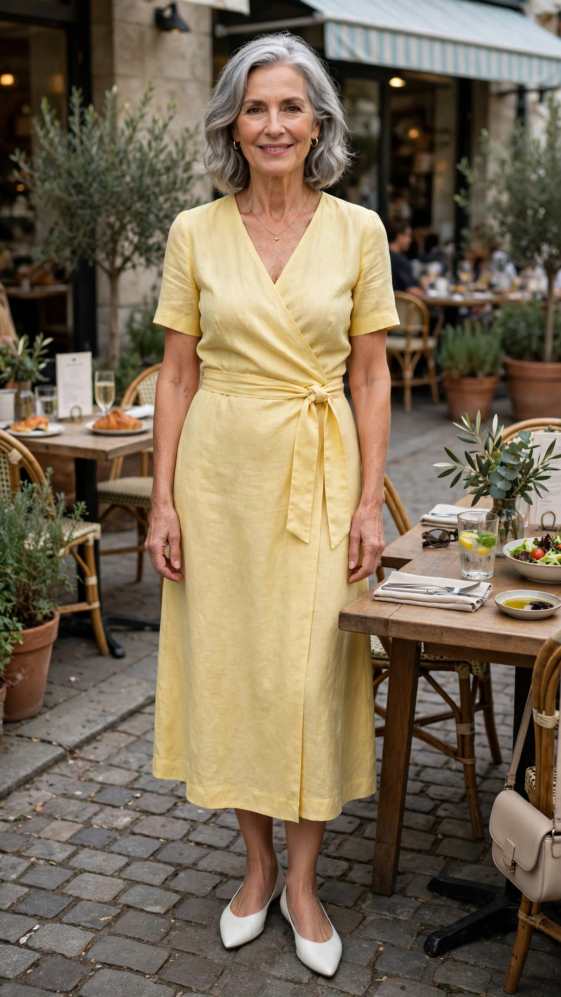 Butter yellow wrap midi dress with white pointed flats