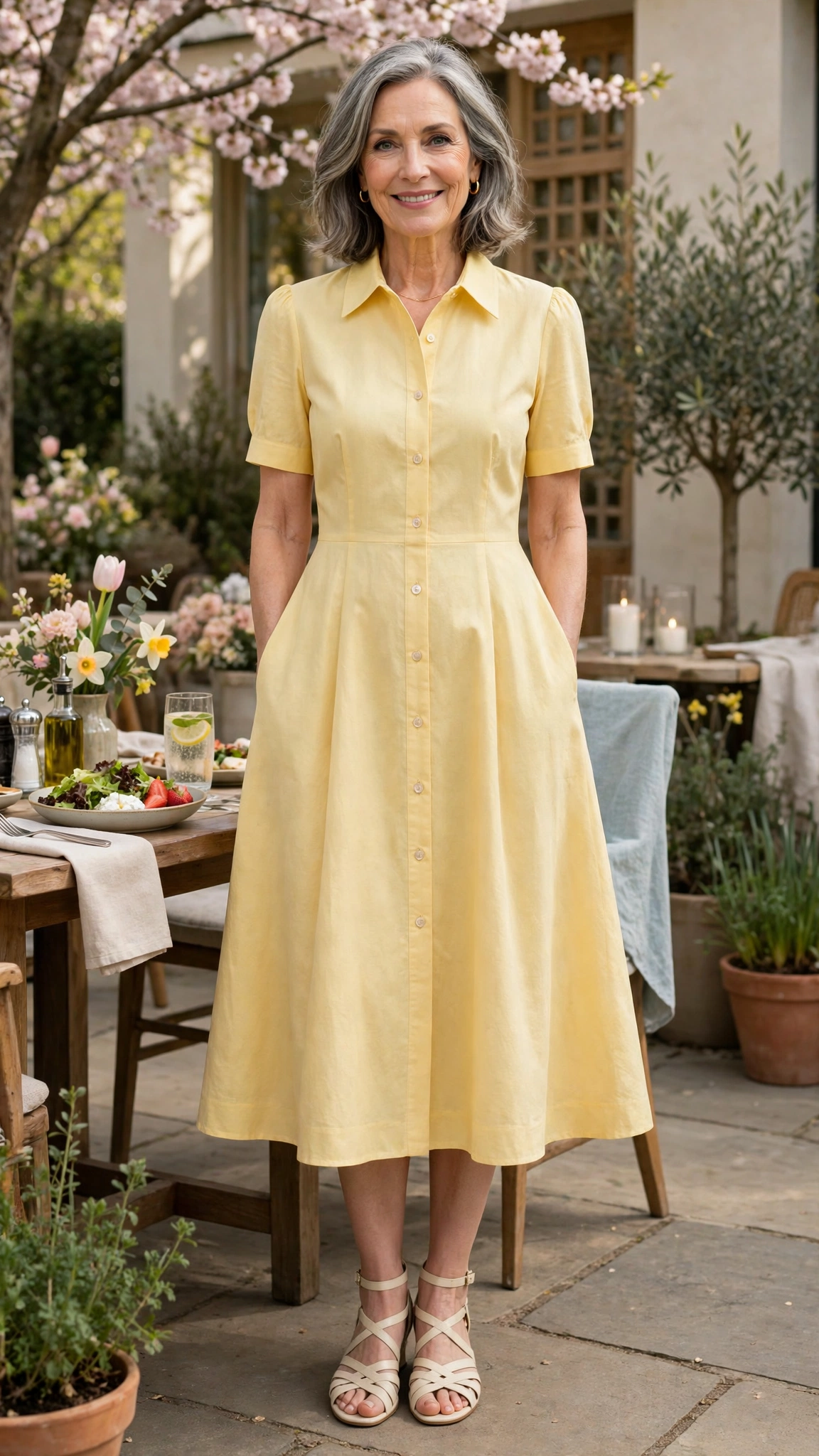 Butter yellow A-line midi dress with cream sandals