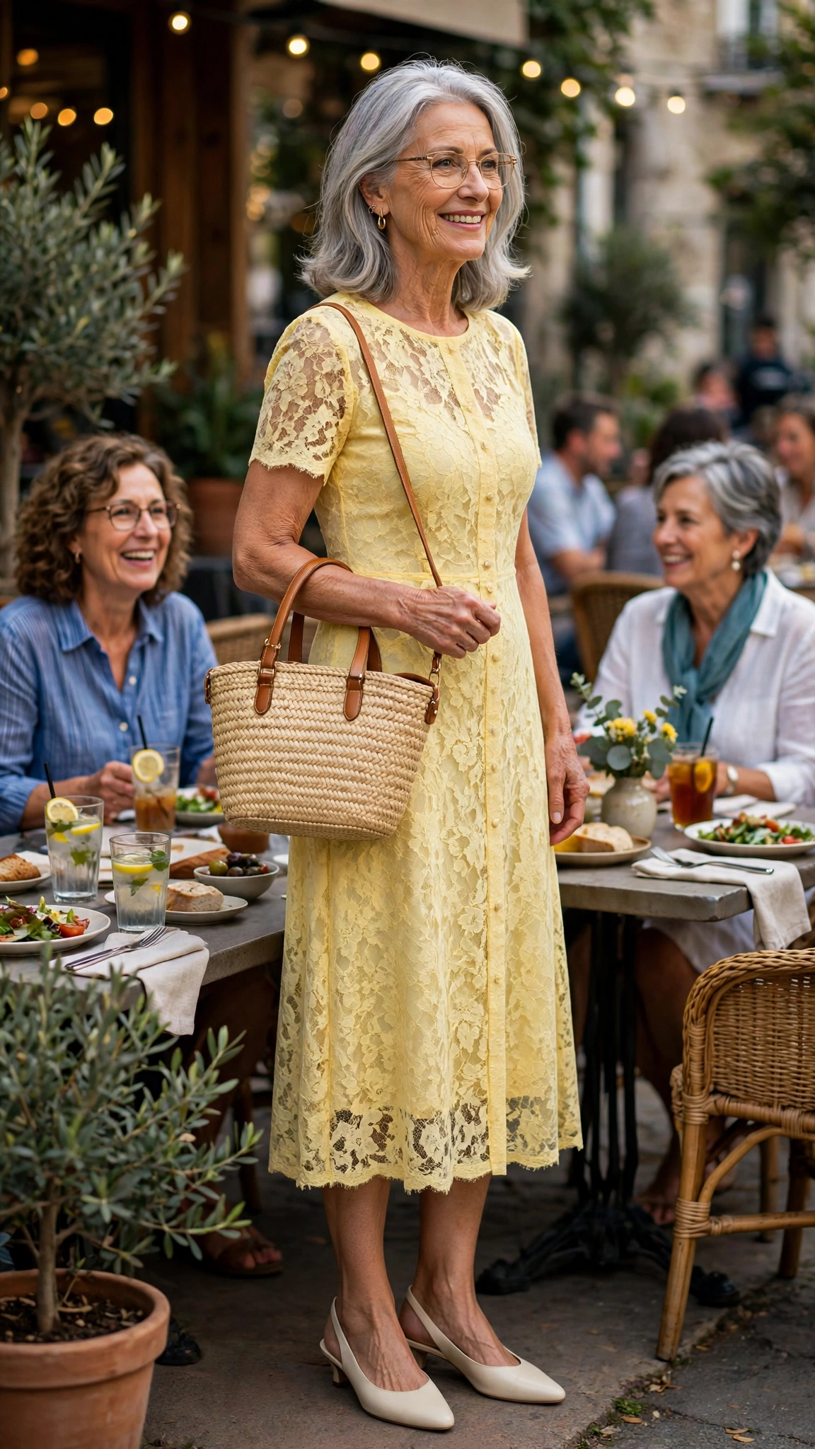 Butter yellow lace midi dress with a straw handbag