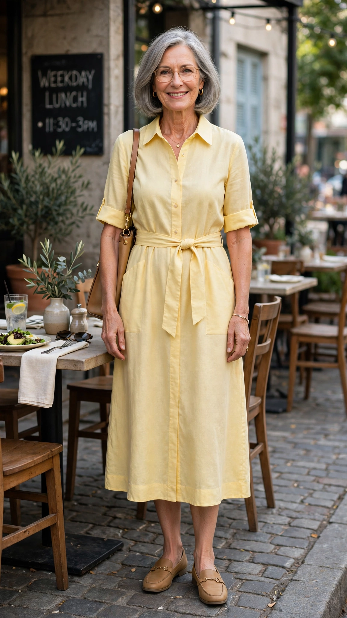 Butter yellow shirt midi dress with tan loafers