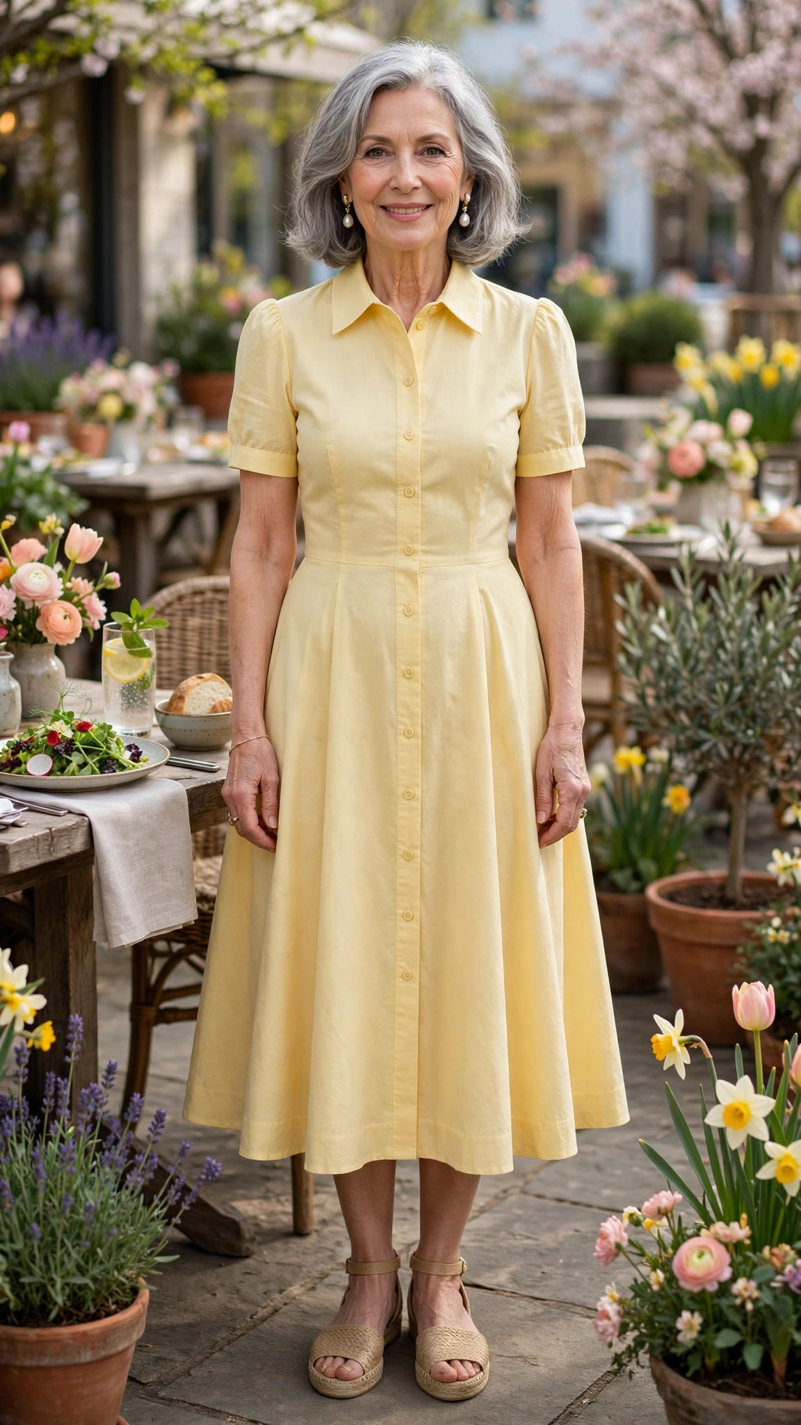Butter yellow fit-and-flare midi dress with pearl earrings