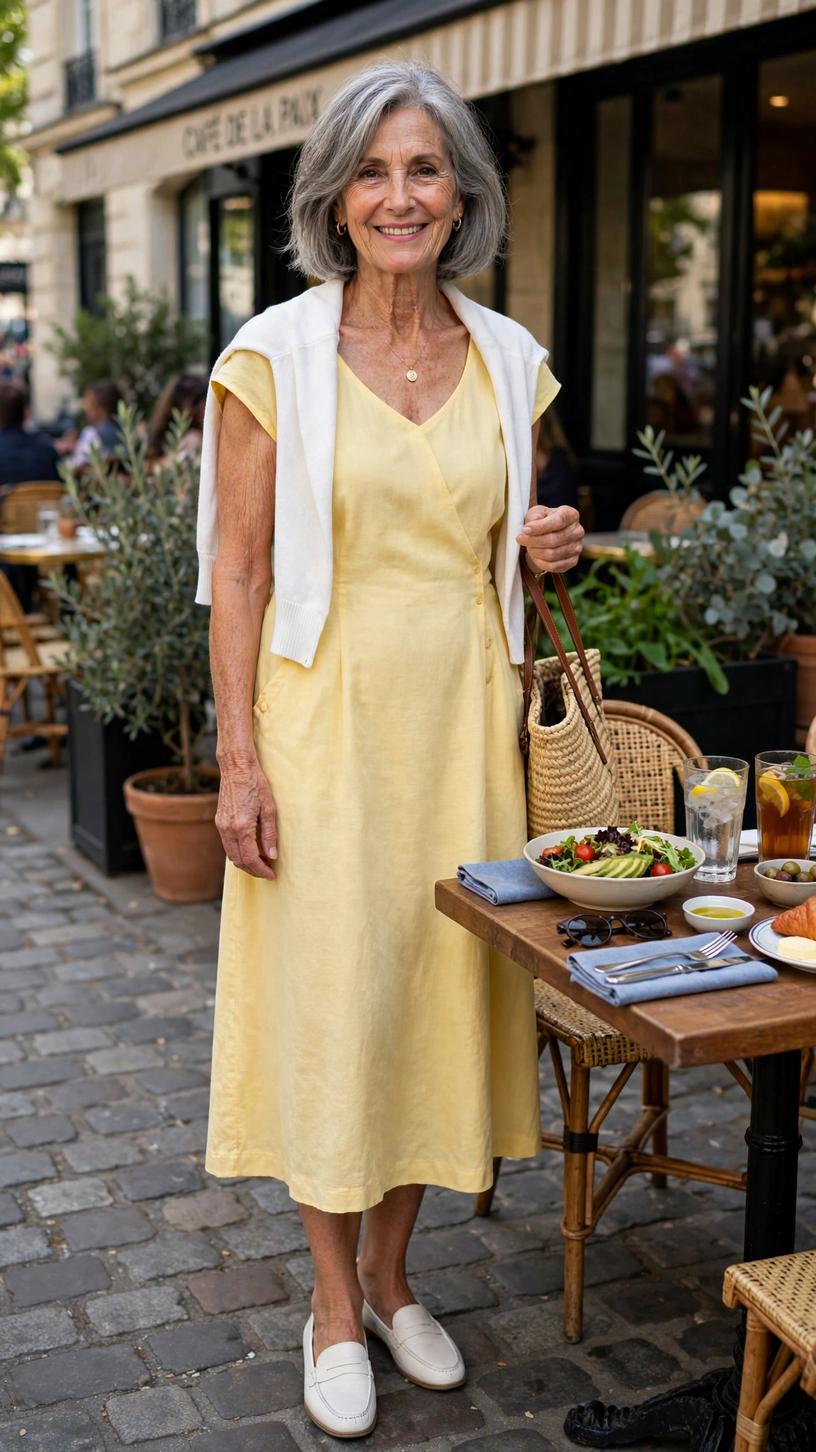 Butter yellow cap-sleeve midi dress with a white cardigan