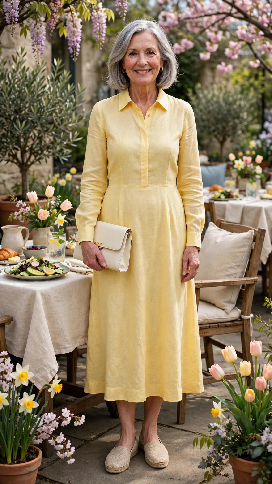 Butter yellow long-sleeve midi dress with a cream clutch