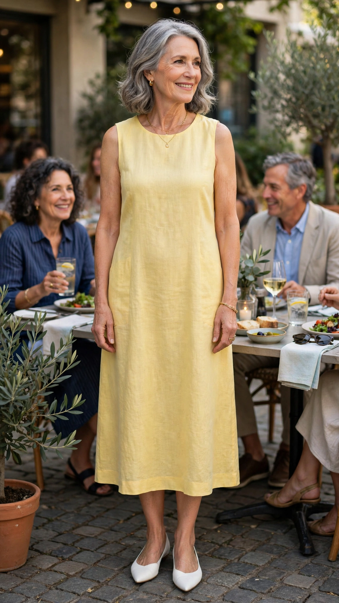 Butter yellow sleeveless midi dress with white pointed flats