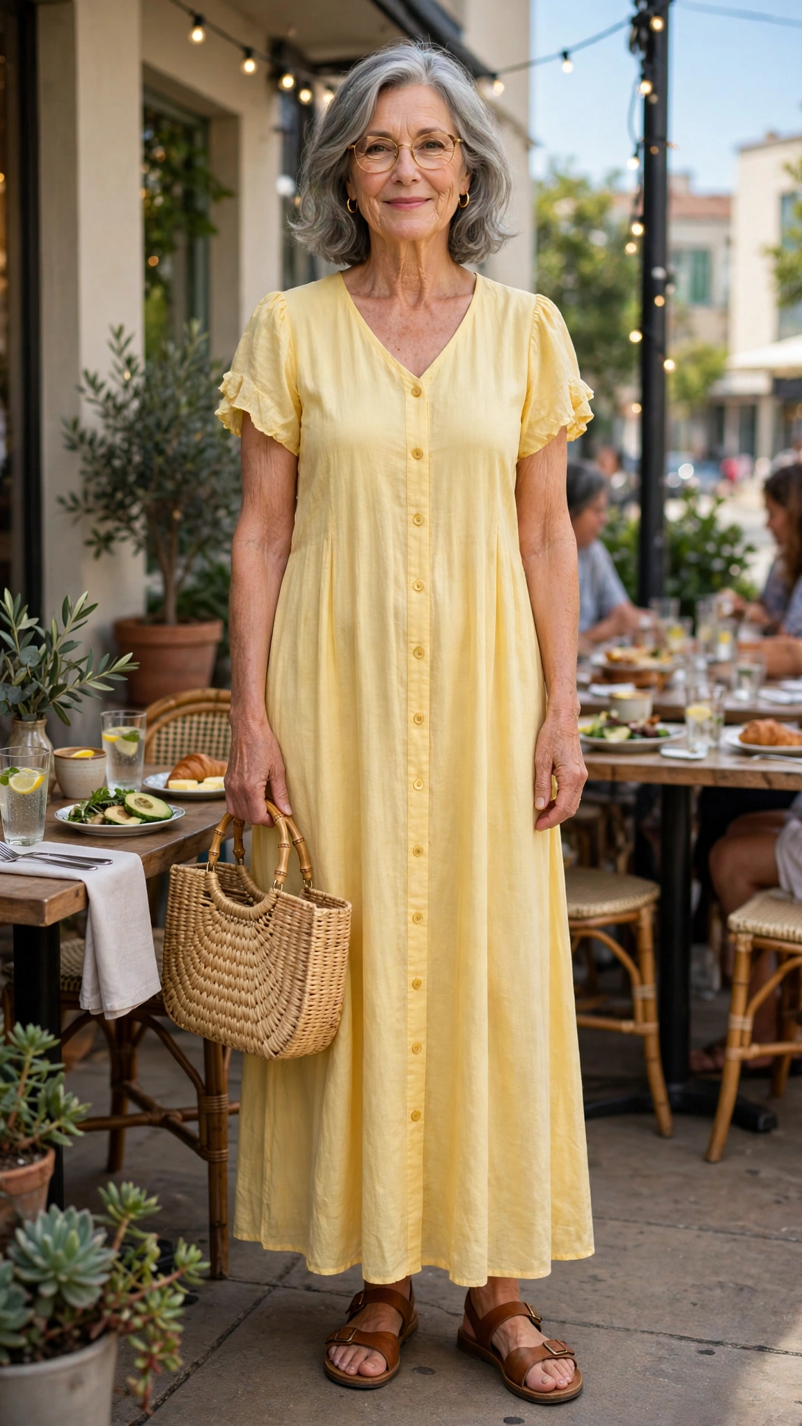 Butter yellow maxi dress with a straw handbag