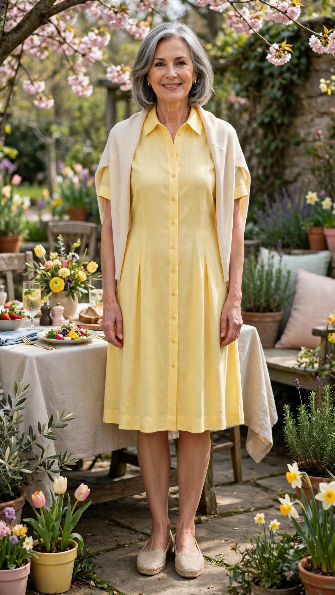 Butter yellow knee-length dress with a pale shawl