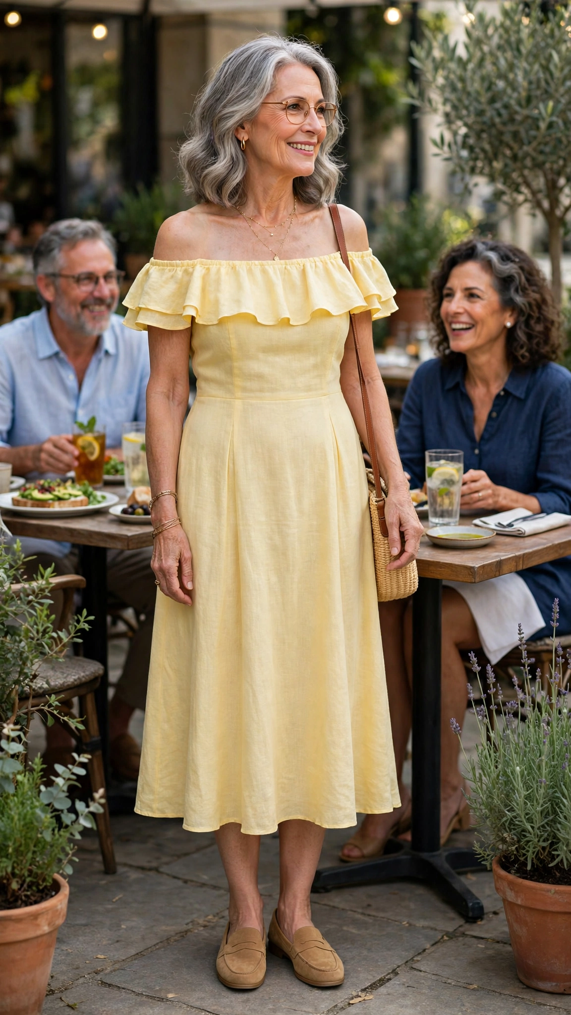 Butter yellow off-shoulder midi dress with tan loafers
