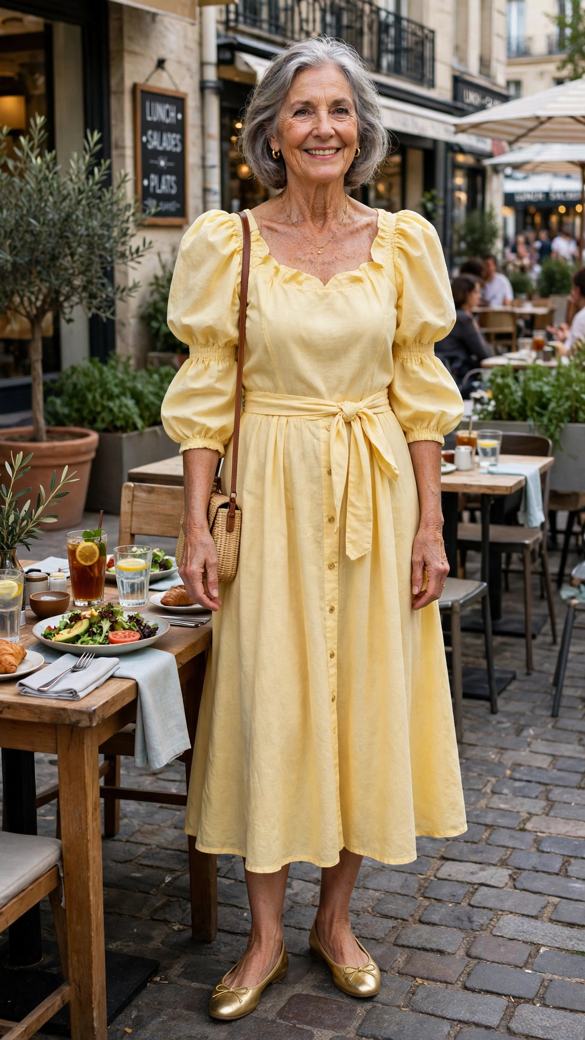 Butter yellow puff-sleeve midi dress with gold flats