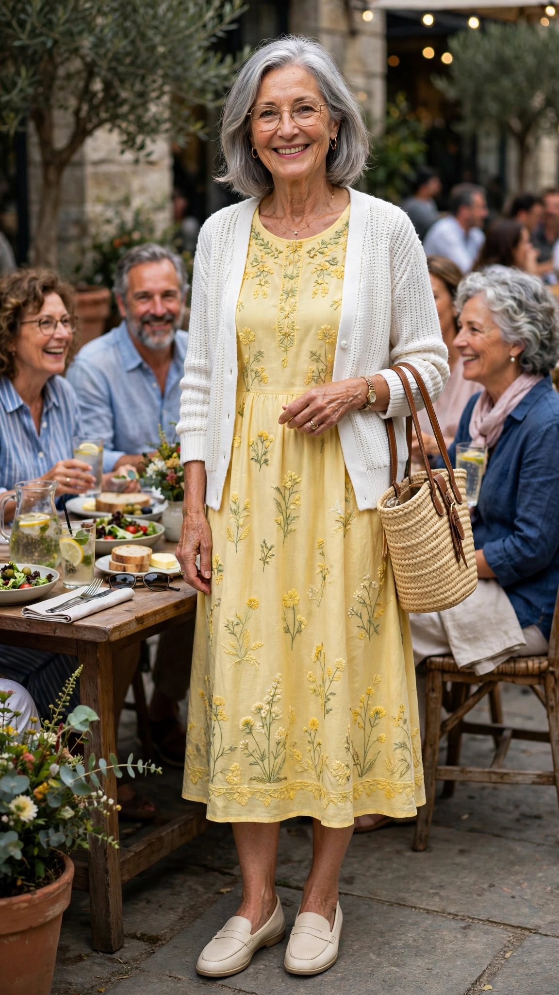 Butter yellow embroidered midi dress with a white cardigan