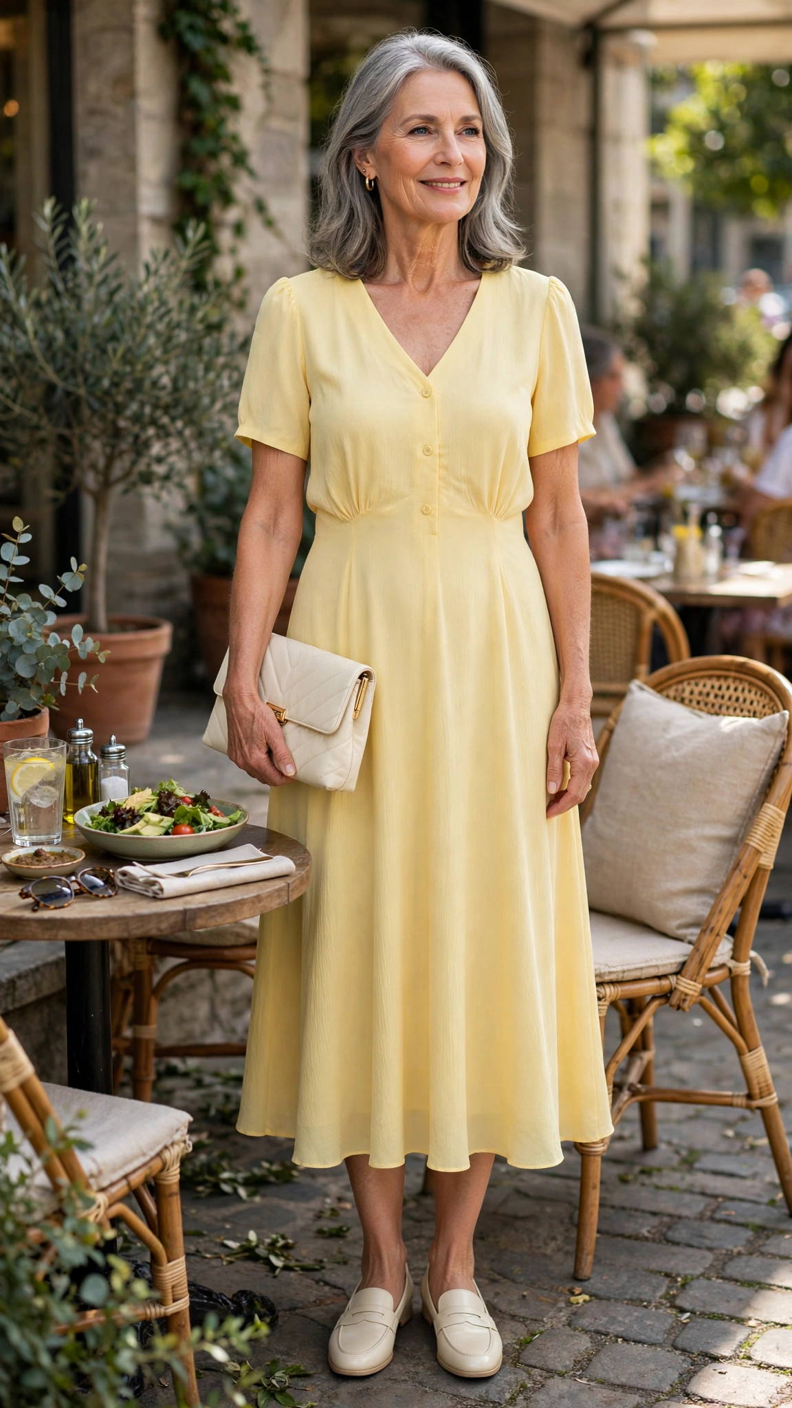 Butter yellow crepe midi dress with a cream clutch