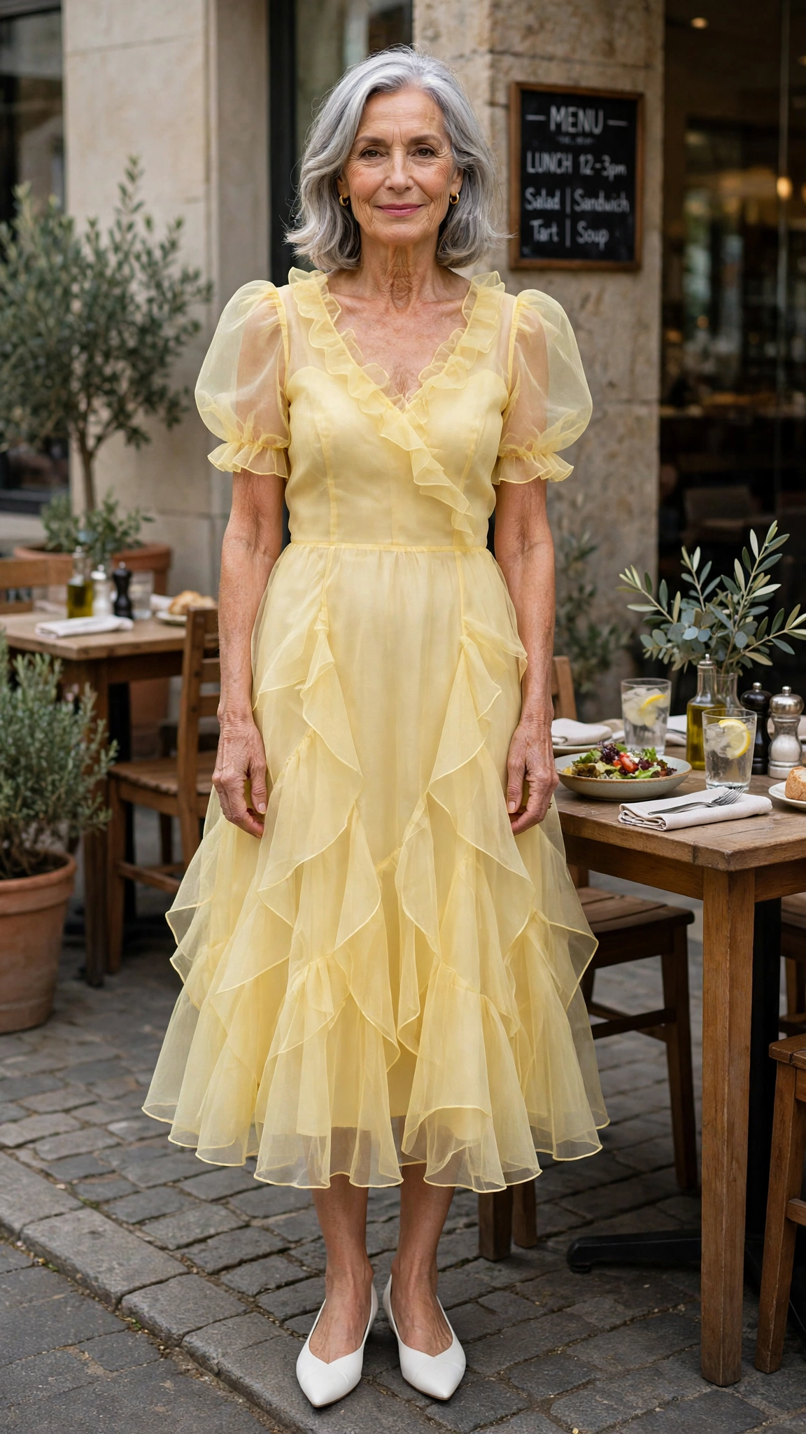 Butter yellow organza midi dress with white pointed flats