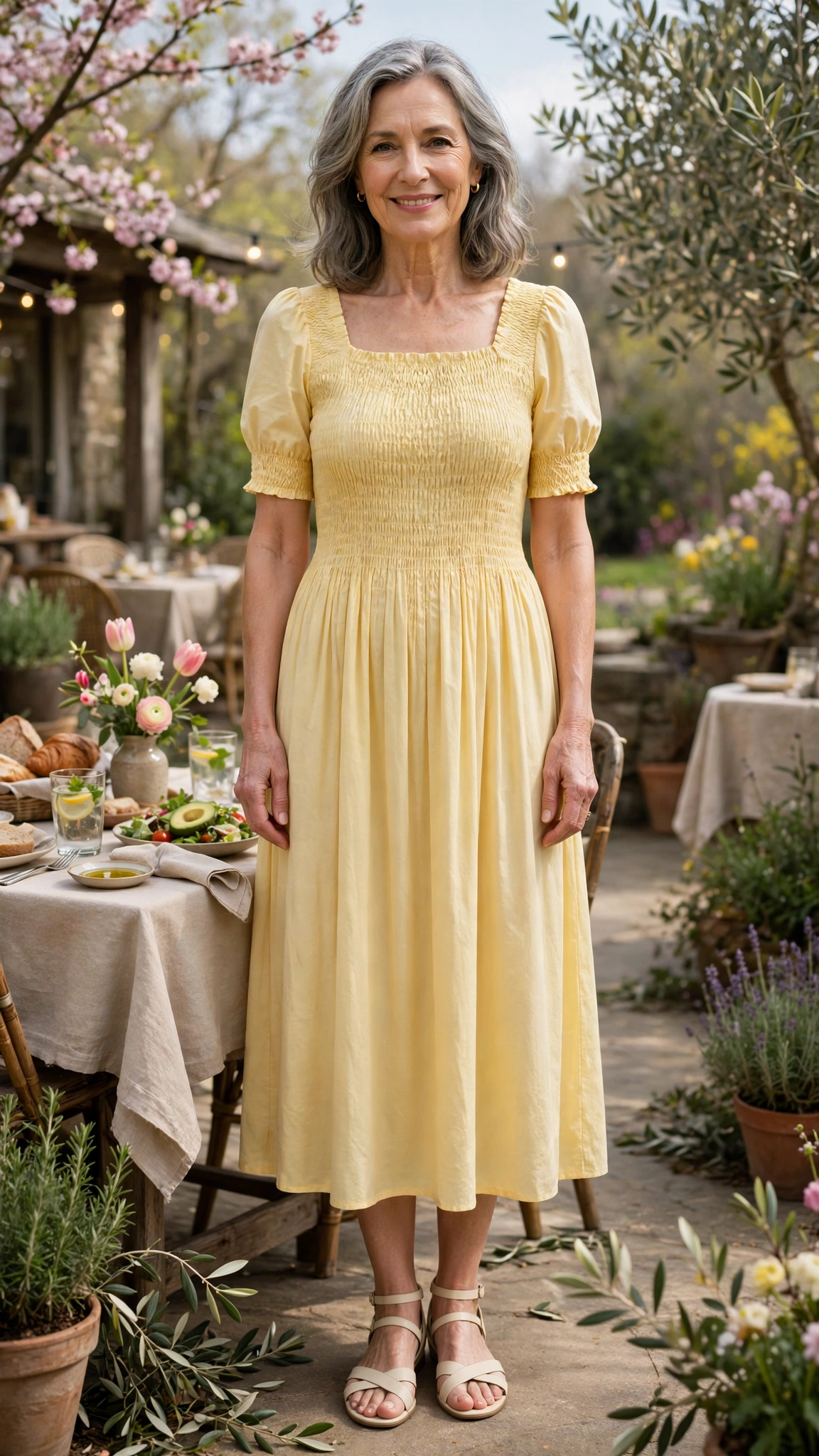 Butter yellow smocked midi dress with cream sandals