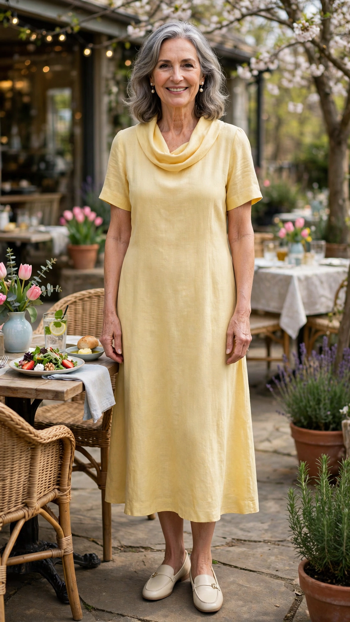 Butter yellow cowl-neck midi dress with pearl earrings