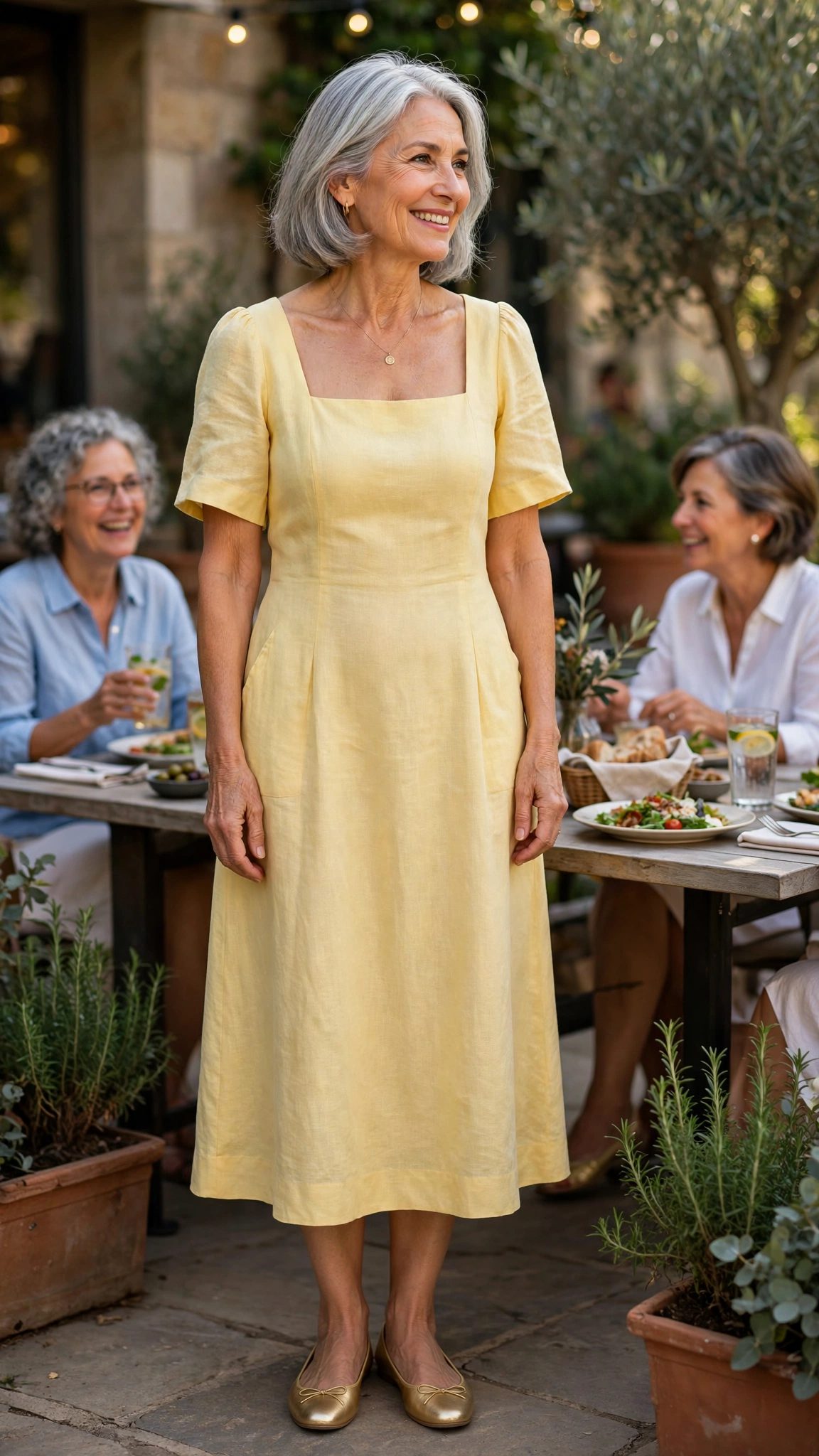 Butter yellow square-neck midi dress with gold flats