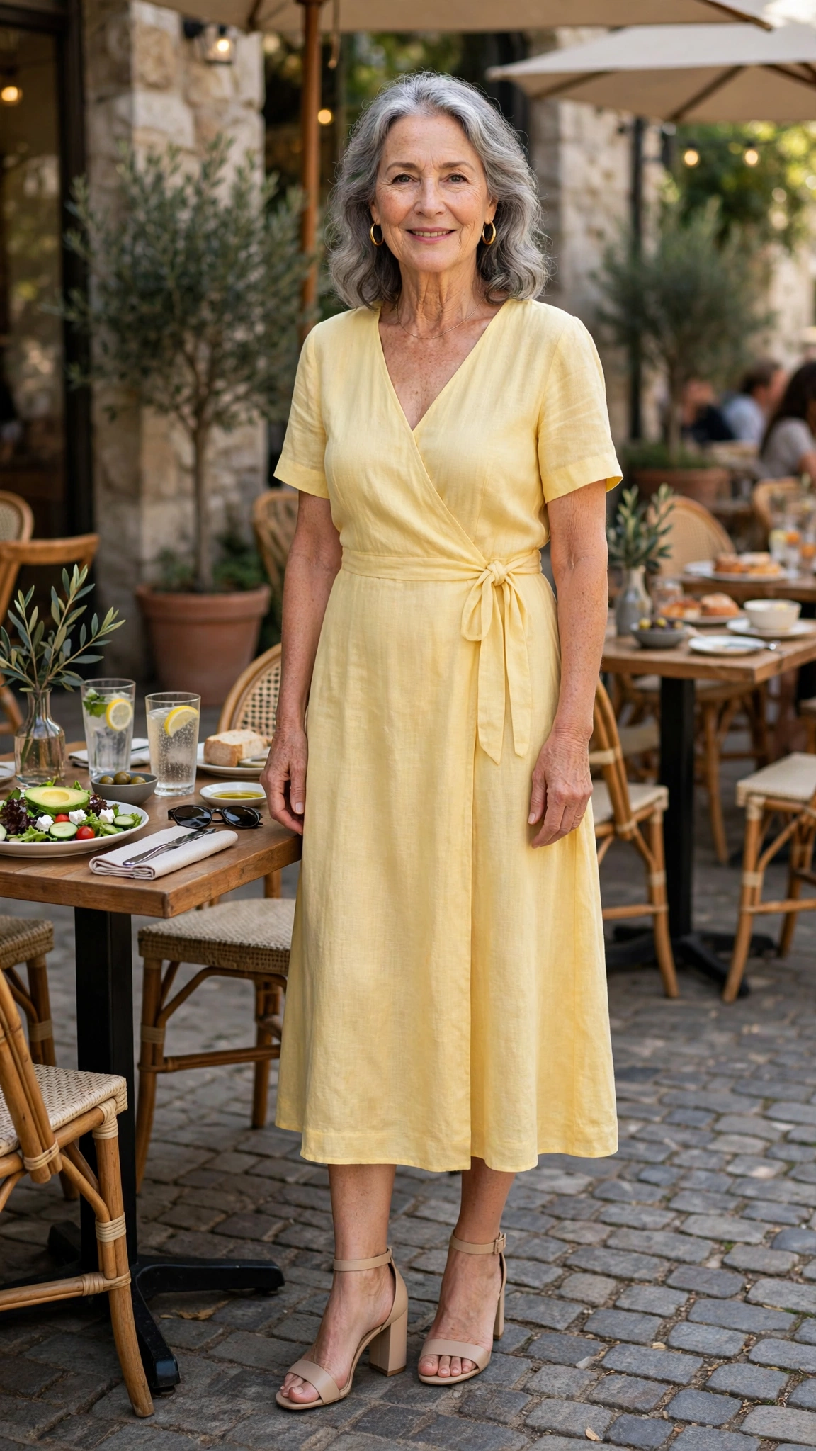 Butter yellow V-neck midi dress with nude block heels