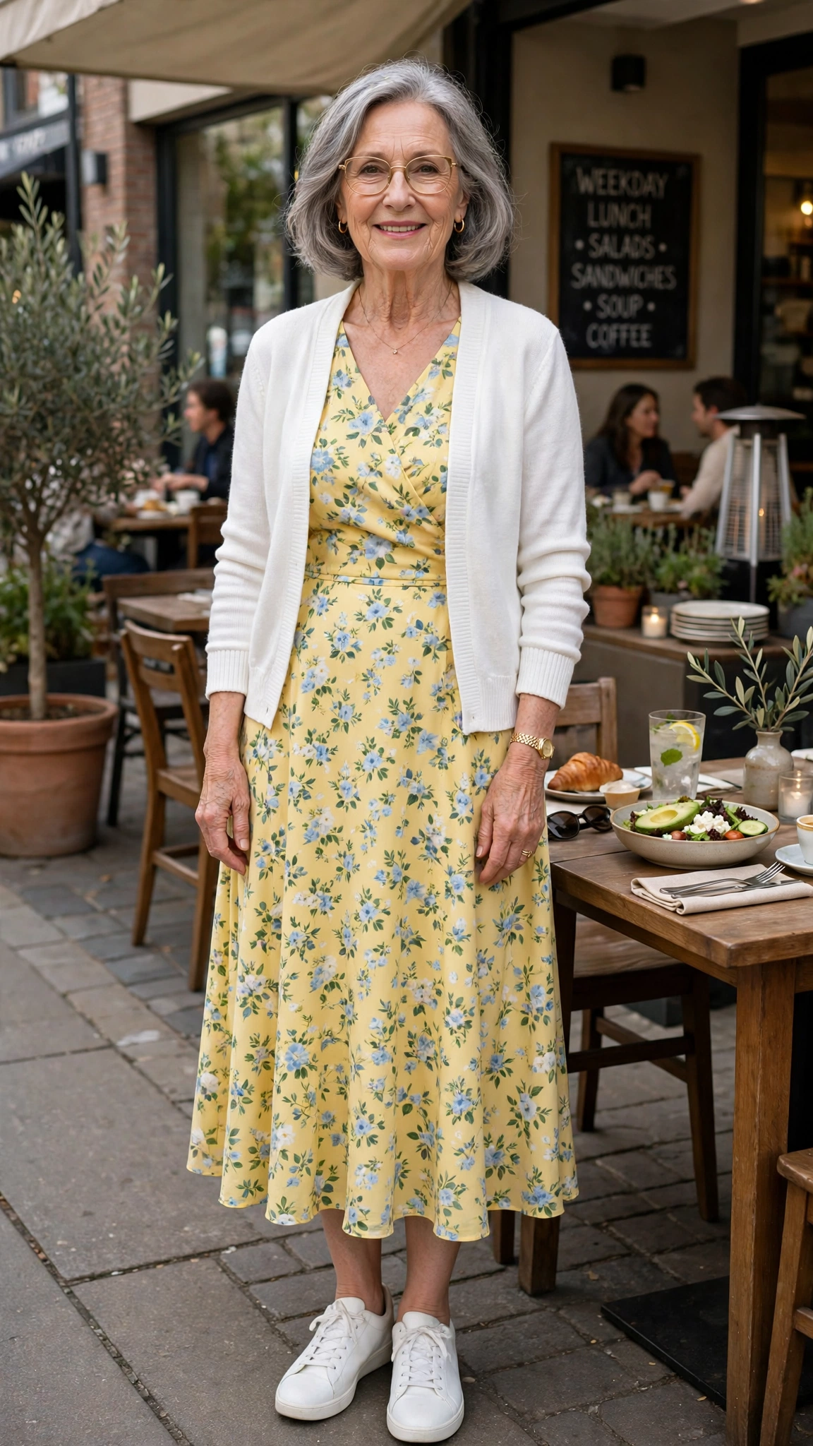 Butter yellow floral midi dress with a white cardigan