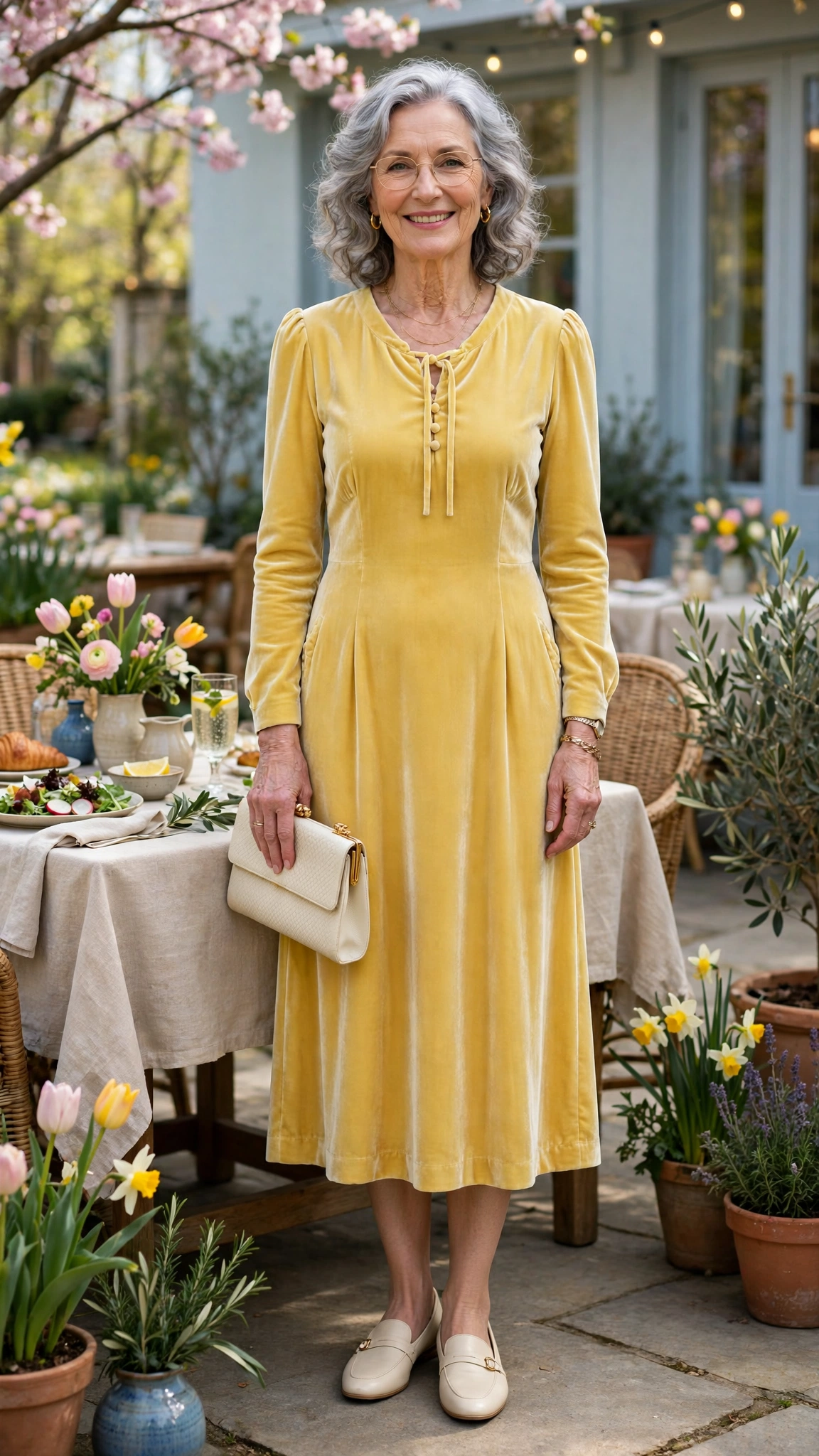 Butter yellow velvet midi dress with a cream clutch