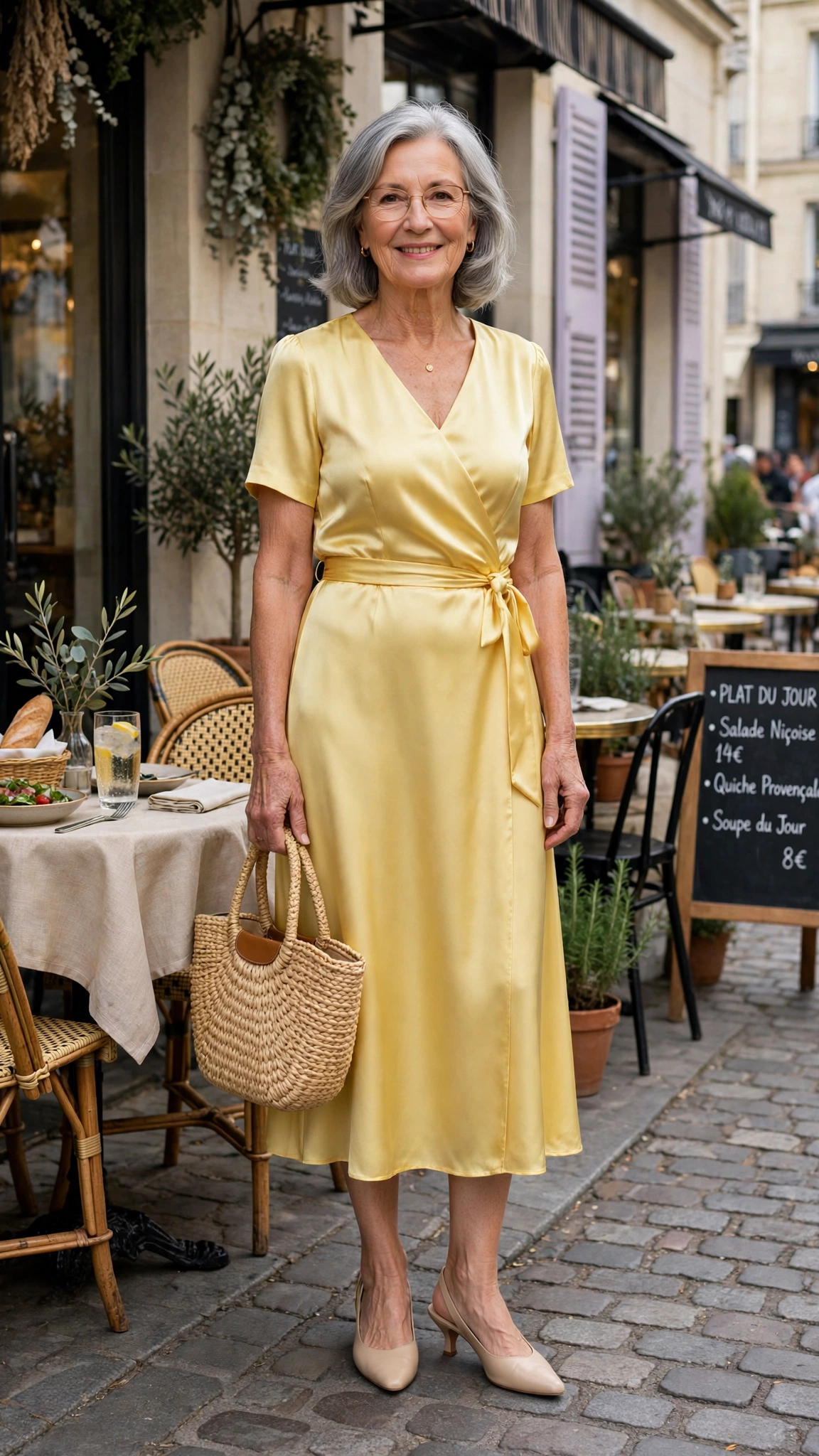Butter yellow satin midi dress with a straw handbag