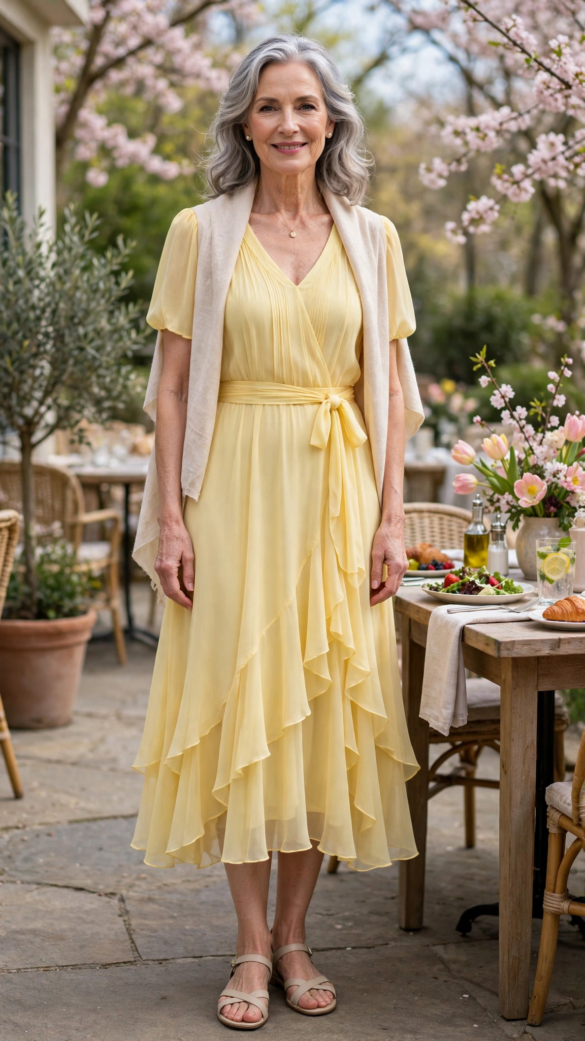 Butter yellow chiffon midi dress with a pale shawl