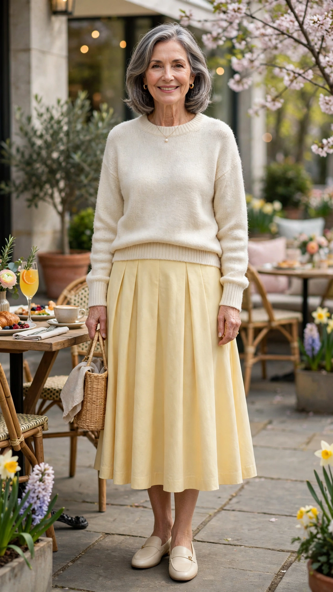 22 Women Over 60 Butter Yellow Skirt Outfits for Spring Brunches That Are Fresh, Chic and Easy to Wear 3 Butter yellow A-line midi skirt with a cream sweater