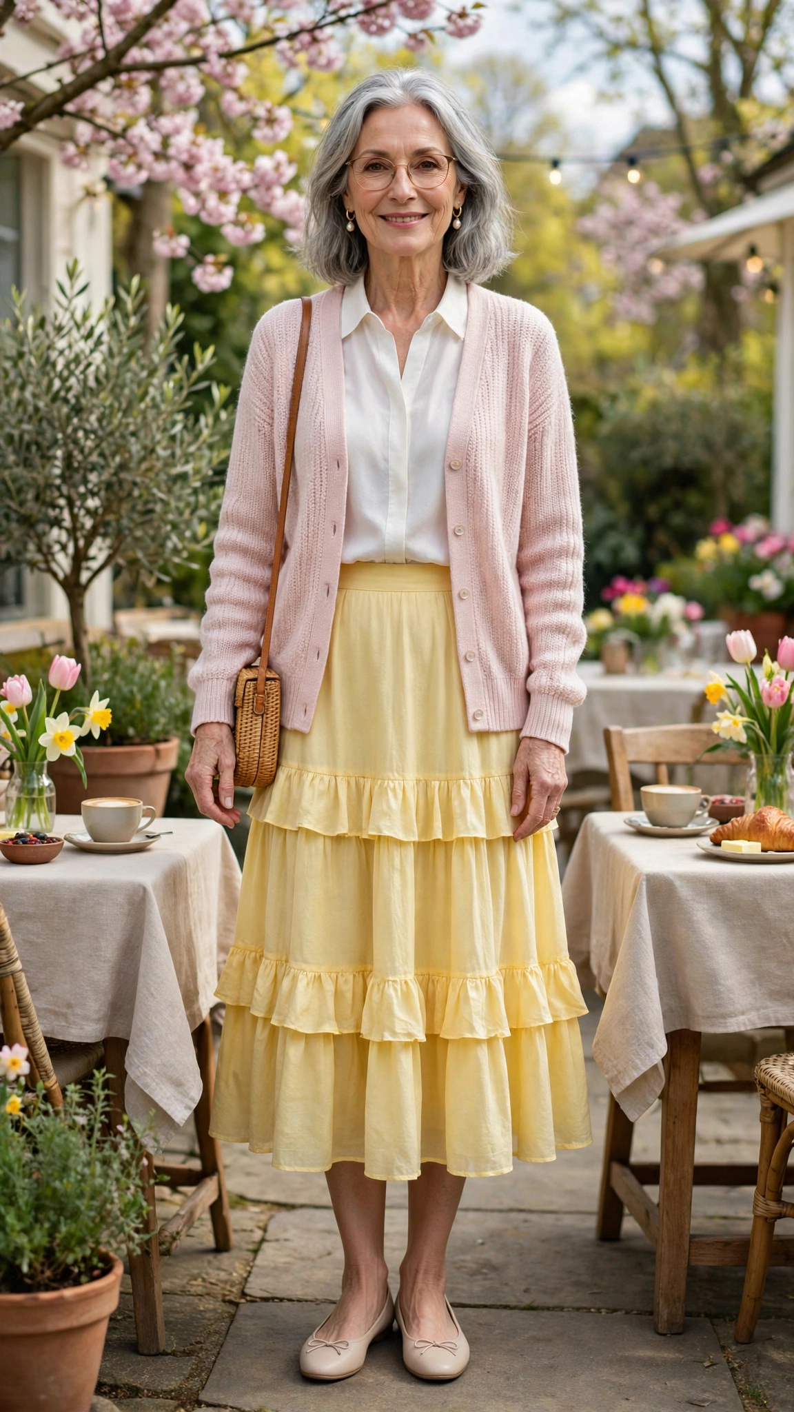 22 Women Over 60 Butter Yellow Skirt Outfits for Spring Brunches That Are Fresh, Chic and Easy to Wear 6 Butter yellow tiered midi skirt with a pale pink cardigan